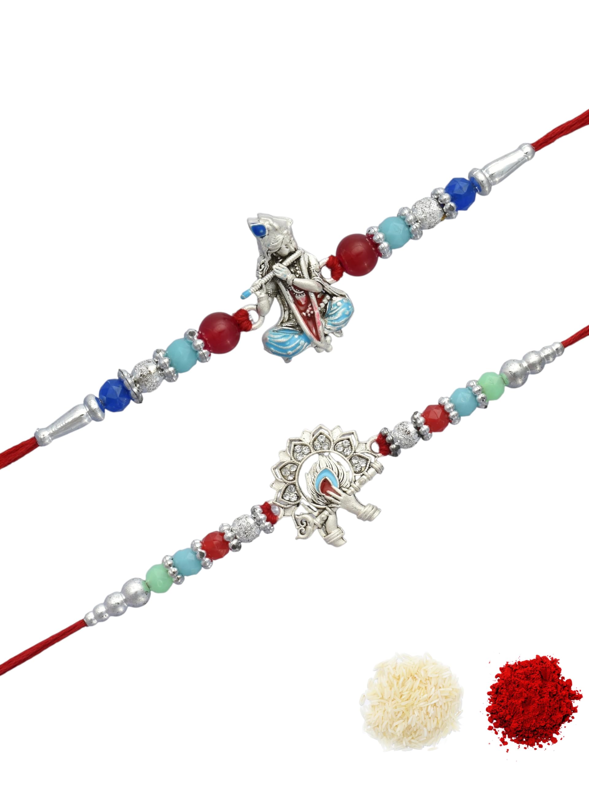 Premium Traditional Silver Plated Combo of 2 Cotton Thread Multi-coloured Beaded Festive Rakhi for Brother, Bhaiya, Bhai, Kids with Roli Chawal and Greeting Card for Raksha Bandhan-14-image-30