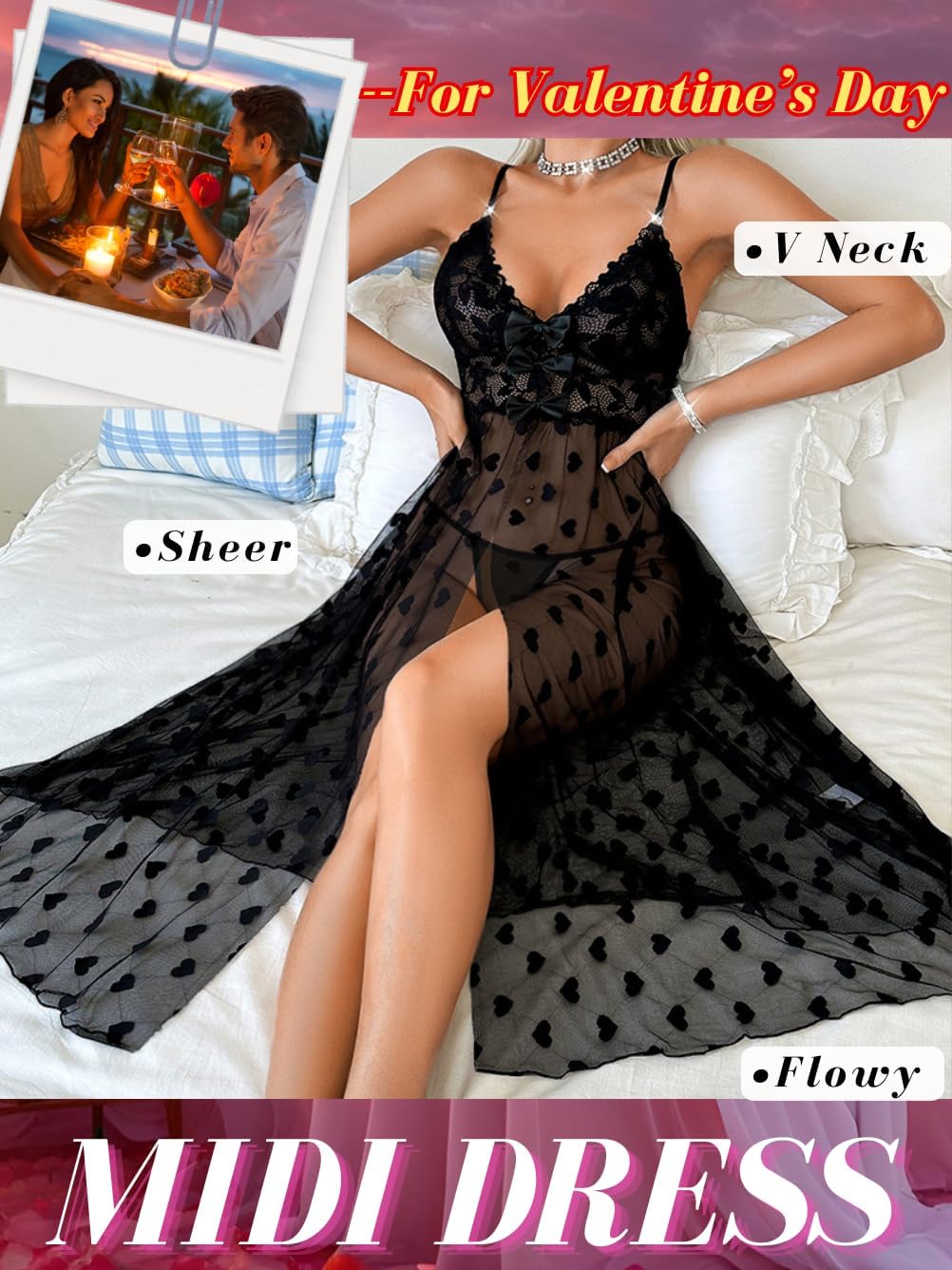 Kaei&amp;Shi シアーハートナイトガウン、ボウレースベビードールランジェリードレス、レディースバレンタインマタニティブライ