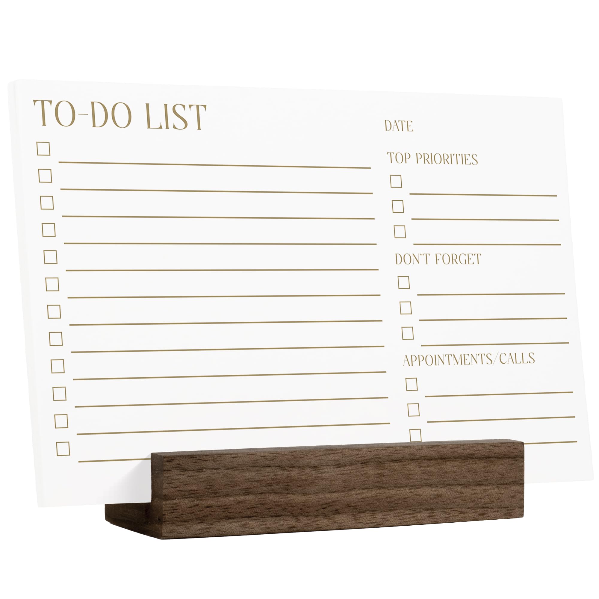 Karto To Do List with Notes - 4x6 Inch Daily Planner with Wooden Stand, Minimalist Organizer for Desk - Walnut Goldy