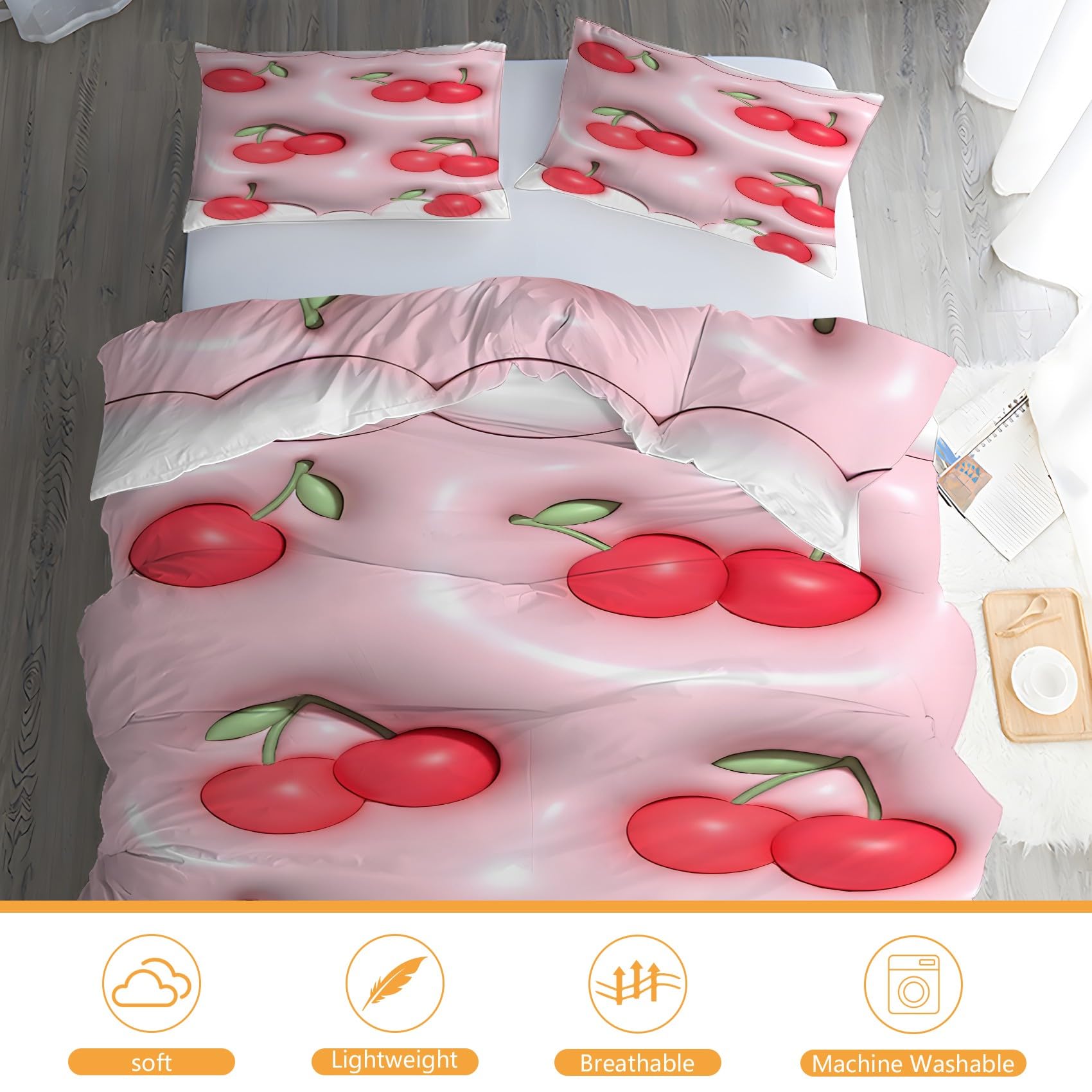 Red Cherry King Size poszewka na kołdrę, różowa pościel, poszewka na kołdrę z mikrofibry. Miękka i luksusowa, zapięcie na zamek błyskawiczny, odpowiednia dla nastolatków i dorosłych AN773
