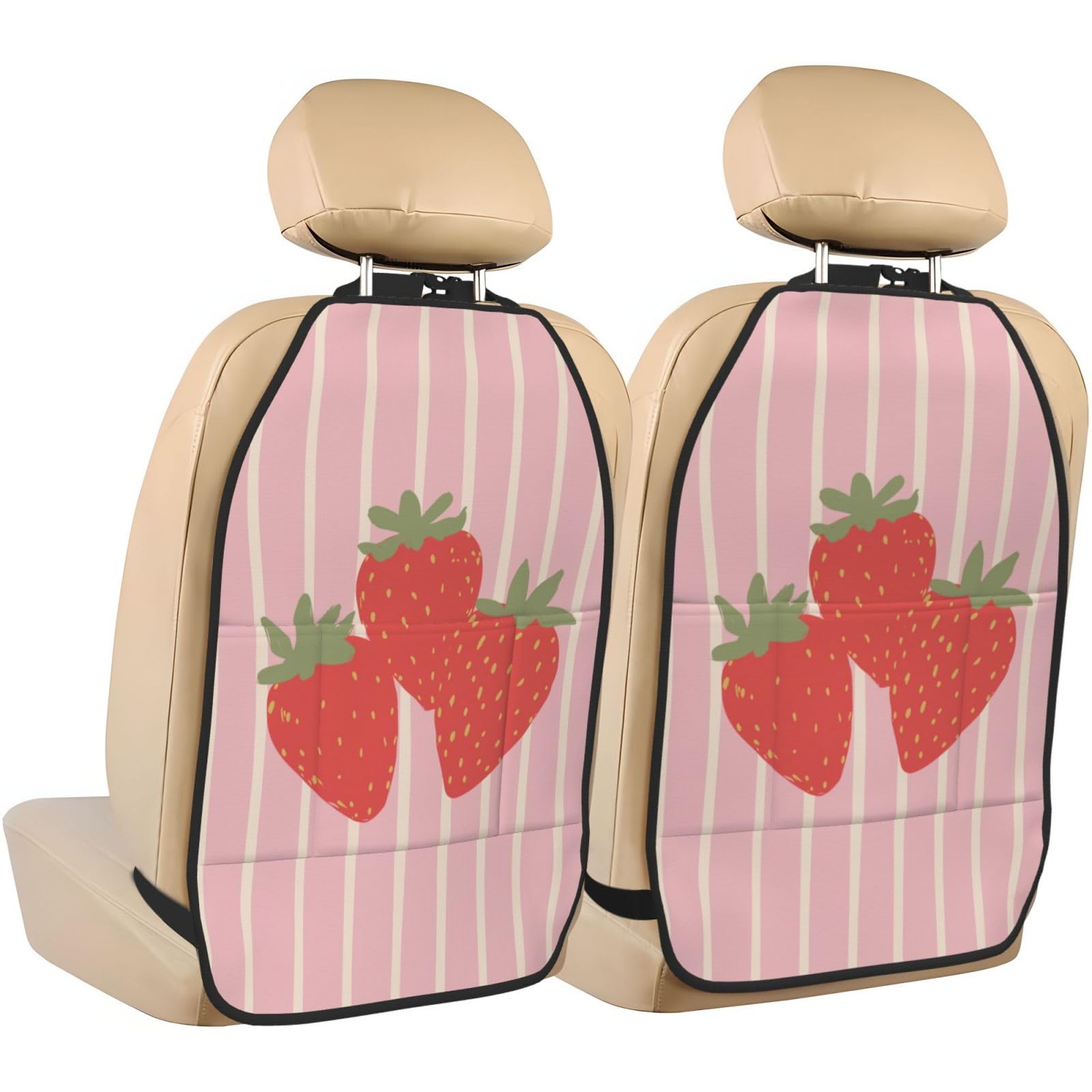 3 Red Strawberries On Striped Pink Car Seat Back Kick Protectors,2 Pack Kick Mats With Storage Pockets For Vehicles To Protect From Dirt Mud Scratches