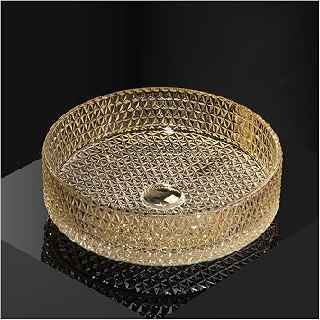 15" Bathroom Vessel Sink,Champagne Artistic Vessel Sinks for Bathroom, Round Tempered Glass Bathroom Bowl Basin,Countertop Installation,C B A,A