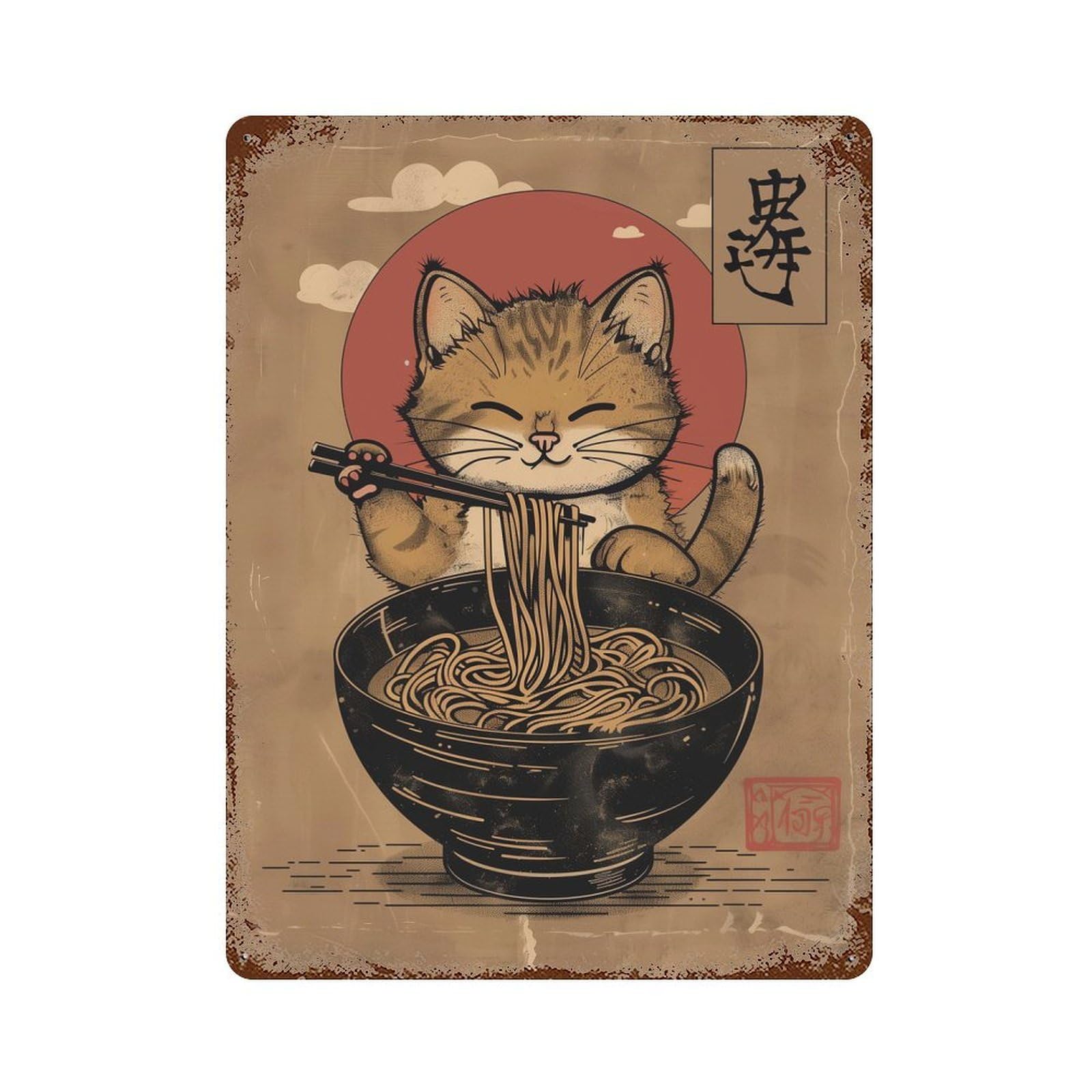 Distressed Metal Wall Sign Cat Ramen Japan 15.7"x11.8", Vintage Wall Decor for Garage, Bar And Workshop Decor