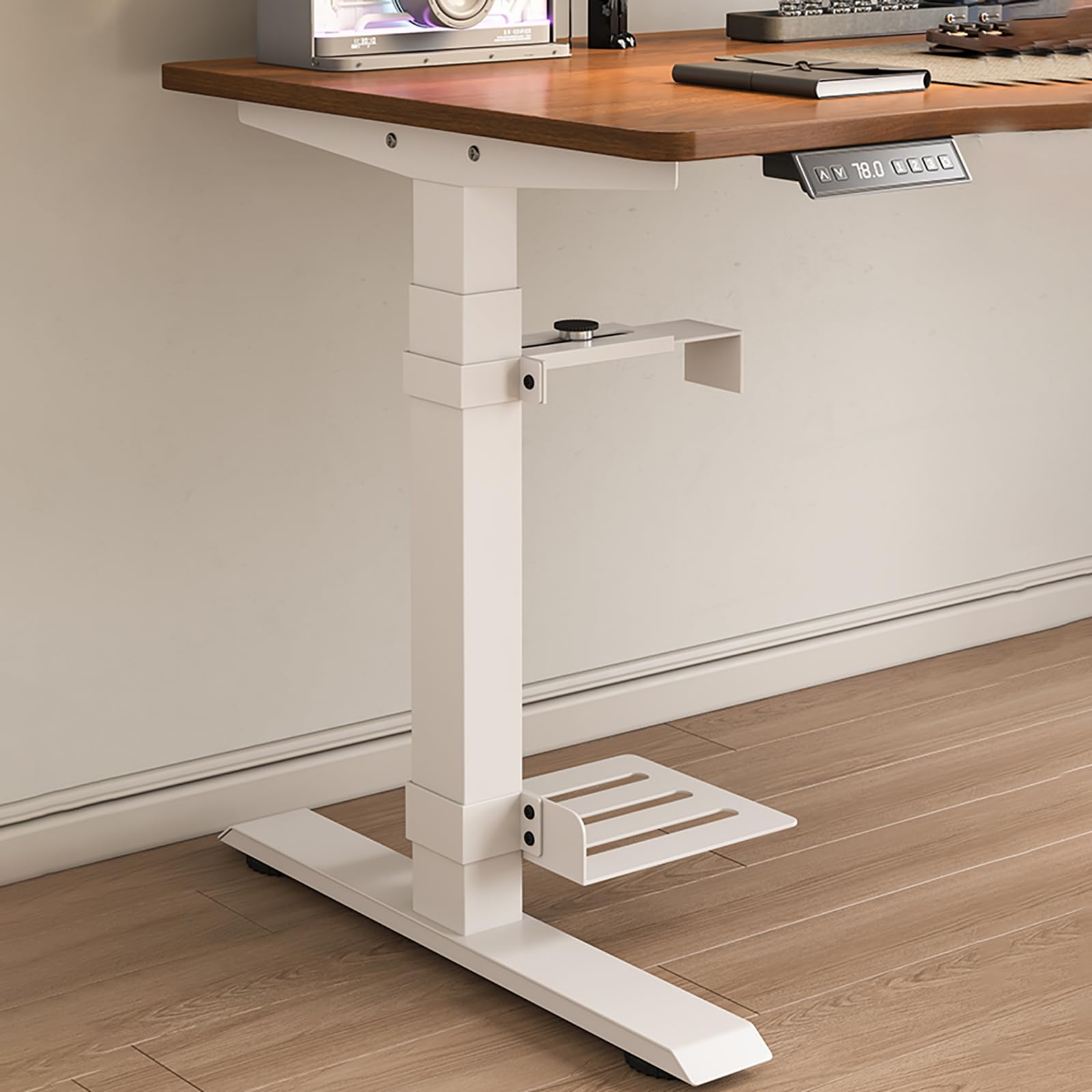 Soporte PC Bajo Escritorio, Instalación sin Taladros, Resistente hasta 18 kg, Ajustable en Altura y Anchura, Soporte Torre PC Bajo Mesa para Escritorios de Pie (Patas de Mesa de 65 x 45 mm) Blanco