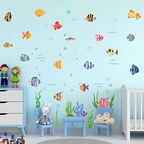 Calcomanías coloridas de pared de peces submarinos para despegar y pegar, calcomanías de pared de peces y algas marinas para cuarto de bebé, baño,