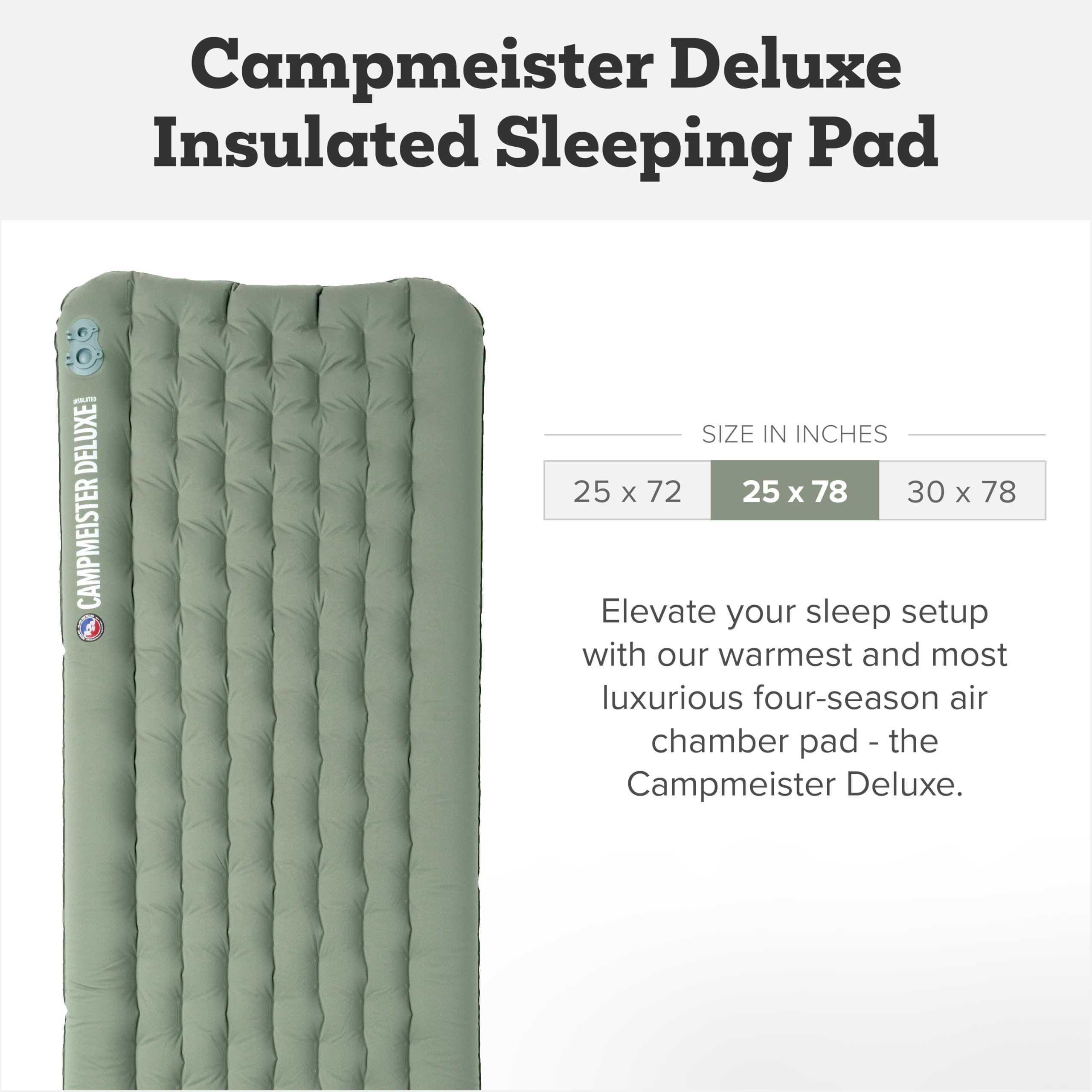 Big Agnes Campmeister Deluxe - Insulated Sleeping Pad, Wide Long | Built for all-season camping, backpacking, and hiking with an ultralight design, PrimaLoft Silver insulation