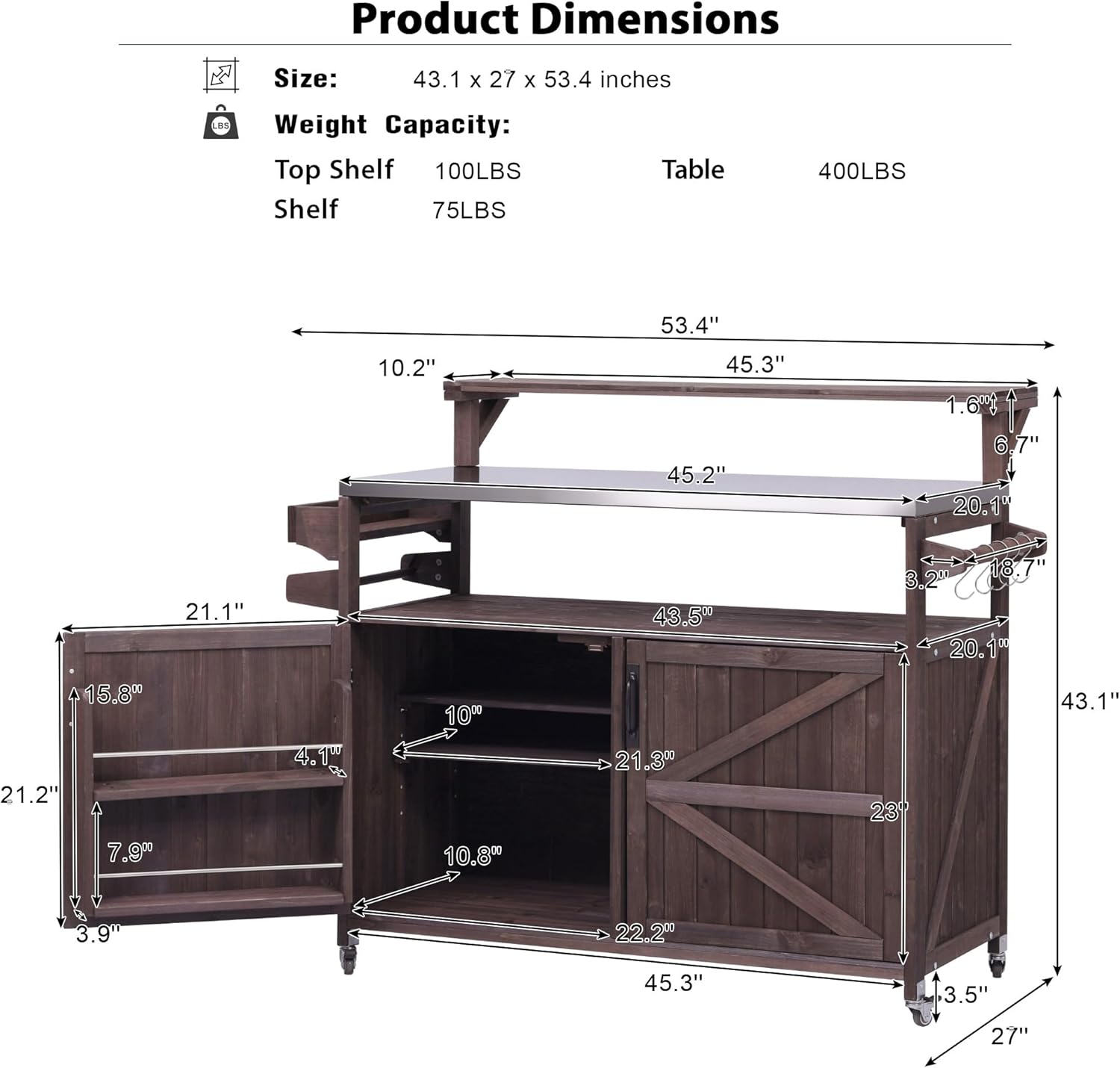 Merax Grill Cart with Stainless Steel Tabletop - 53.3" Outdoor Storage Cabinet with Raised Shelf, Bar Patio Kitchen Island with Ample Storage and Lockable Wheels,Brown