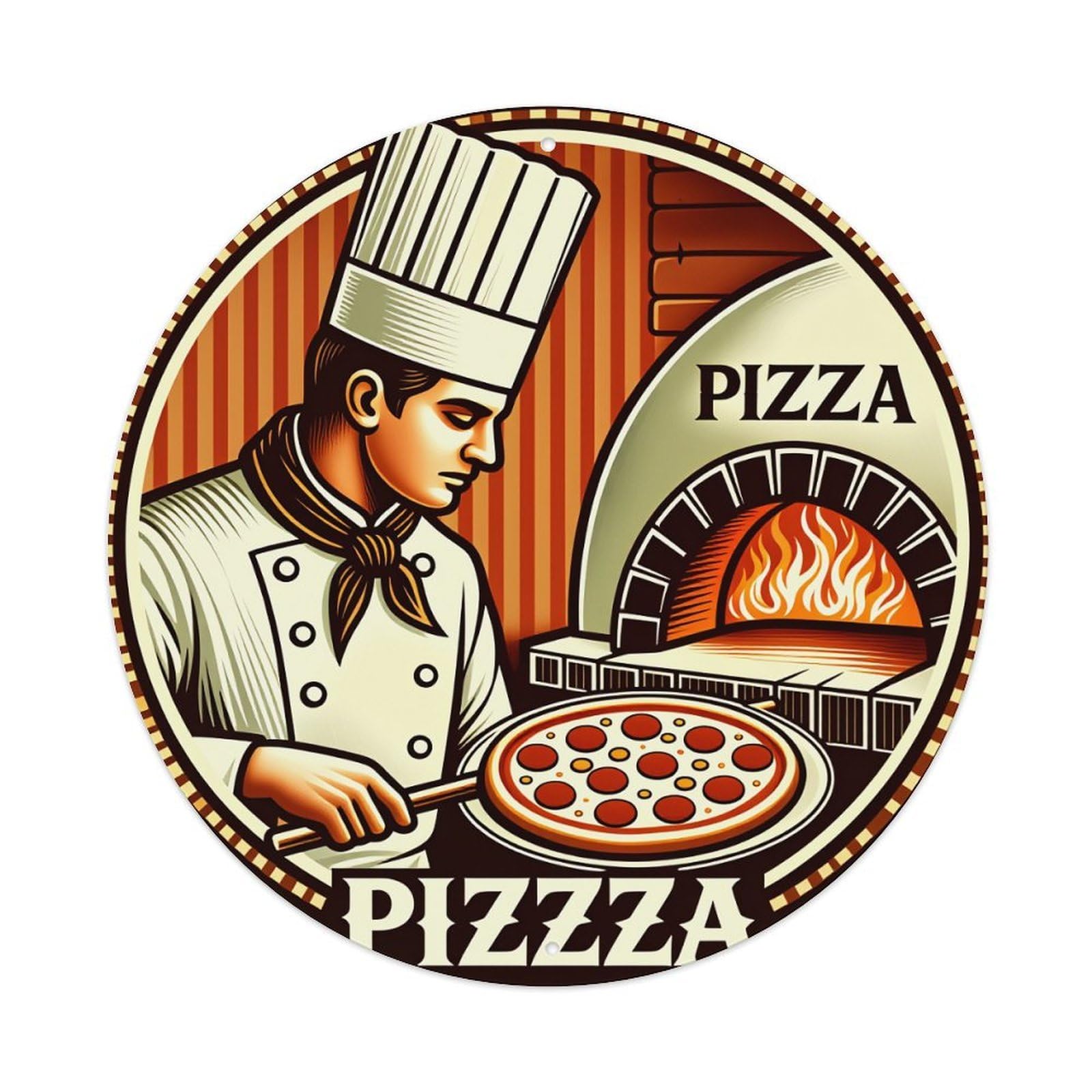 Chef Holding Pizza Near Oven Round Tin Sign Vintage Metal Poster Retro Bar, Home, Man Cave, Kitchen, Laundry Room Wall Art Decor Gift 8x8Inch