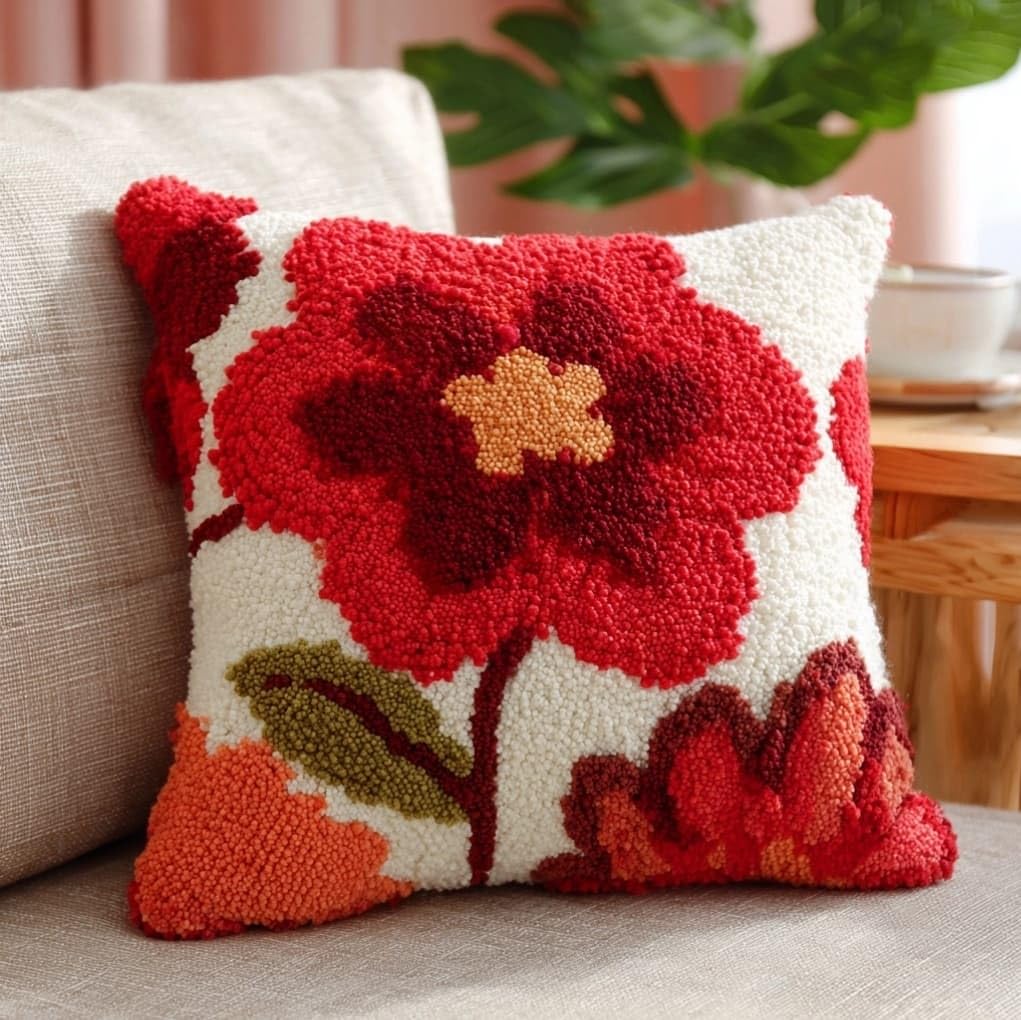AxiangziK Latch Hook Cushion Kits for Beginners,Red Flowers