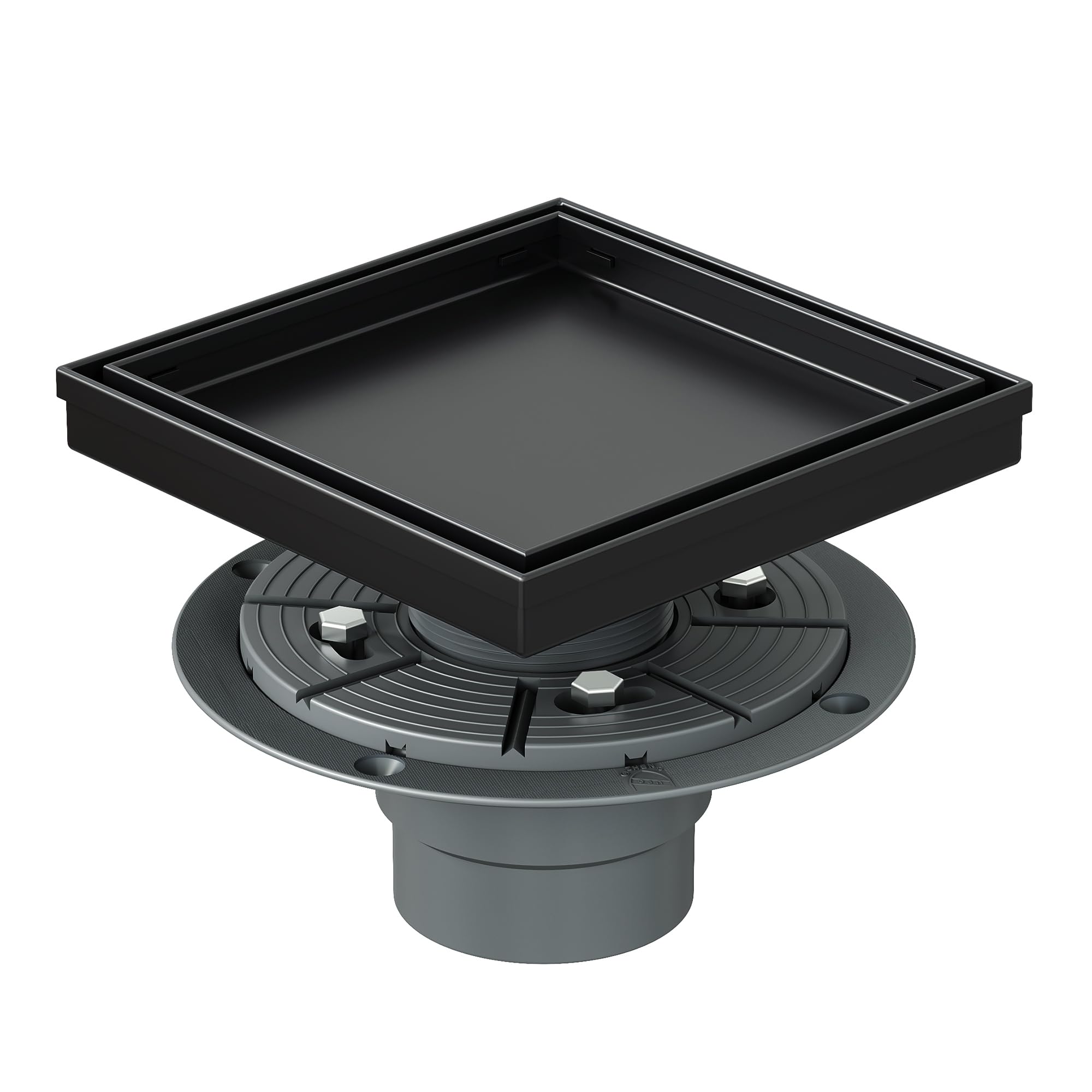 Drenaje de ducha cuadrado de 6 pulgadas con rejilla de inserción de azulejos extraíble, acero inoxidable 304, incluye base de drenaje de ducha de PVC, colador de pelo, negro mate
