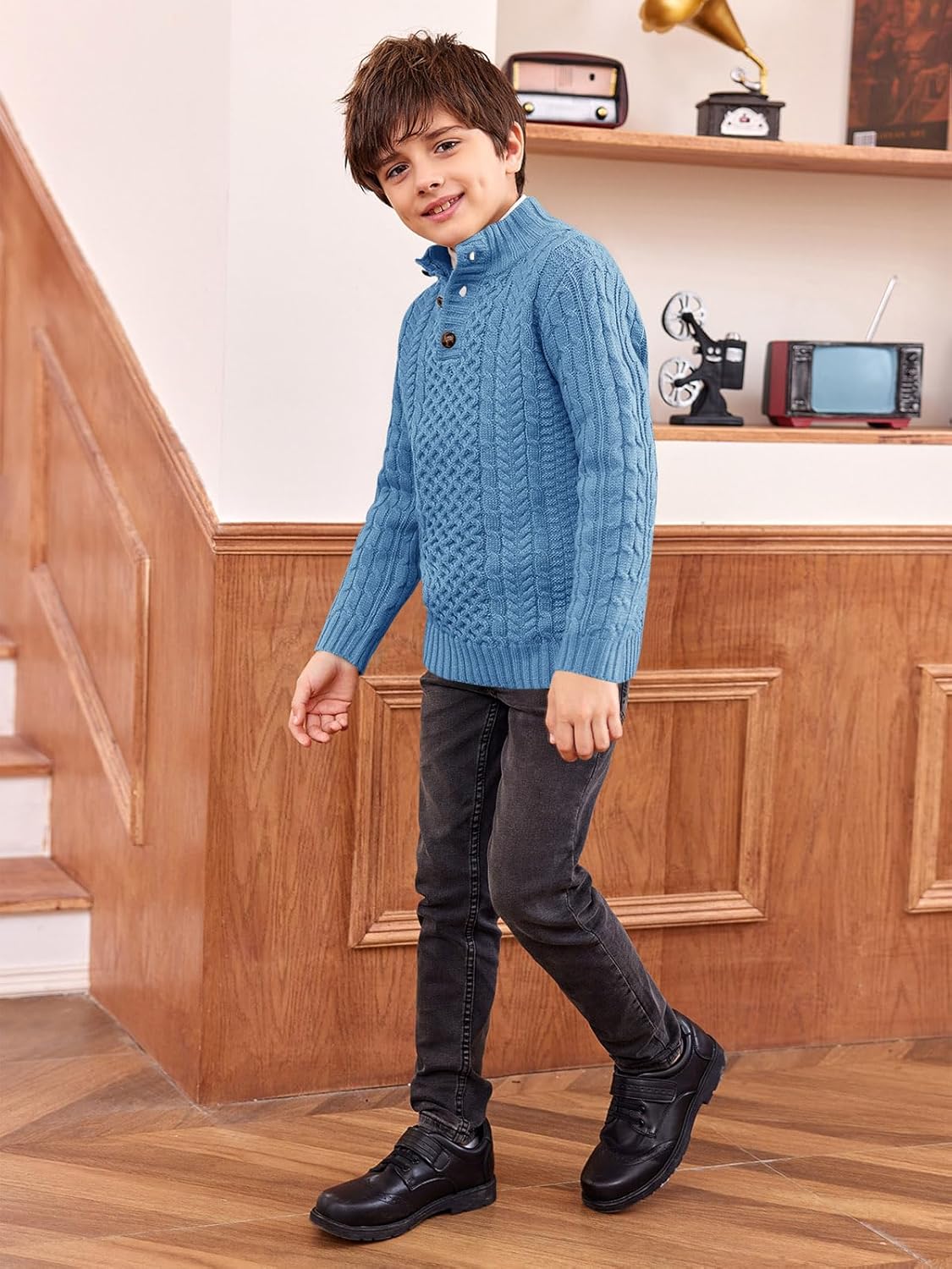 Makkrom Kids and Boys Mock Neck Pullover Sweater Long Sleeve Button Cable Knitted Jumper - Image 2