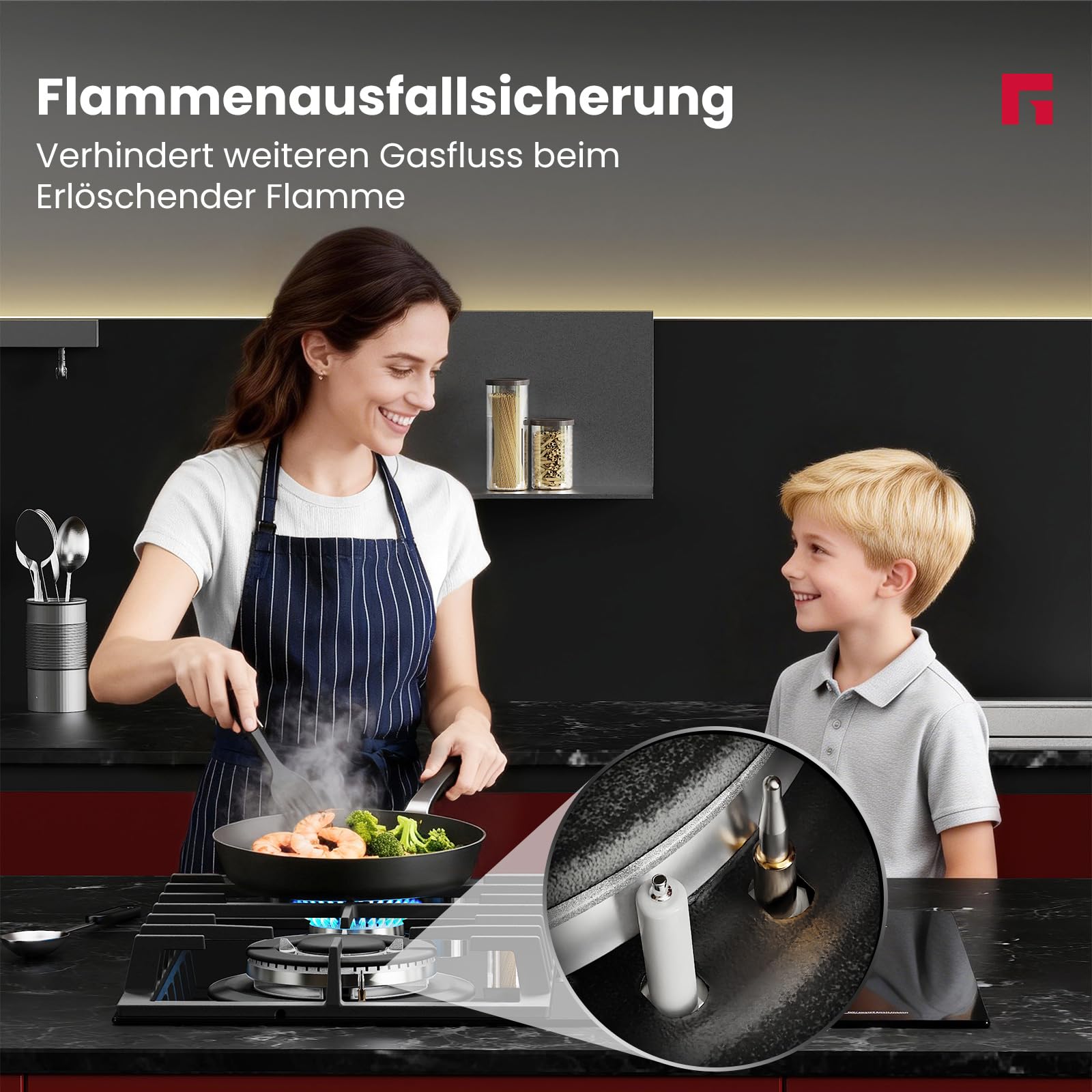 GASLAND GIH604BF Placa gas + inducción 60 cm, Gas 5200 W con quemador wok, Inducción 3500 W con función BBQ, Vidrio negro empotrable (Sin sartén)