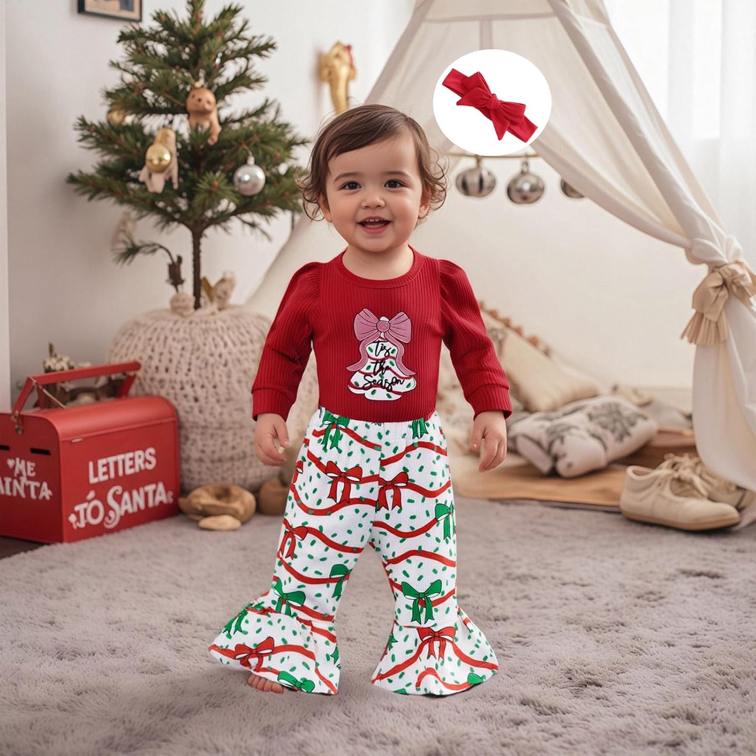My First Christmas Baby Girl Outfit Newborn Puff Long Sleeve Ribbed Knit Romper Flare Pants Headband 3Pcs Set - Image 3