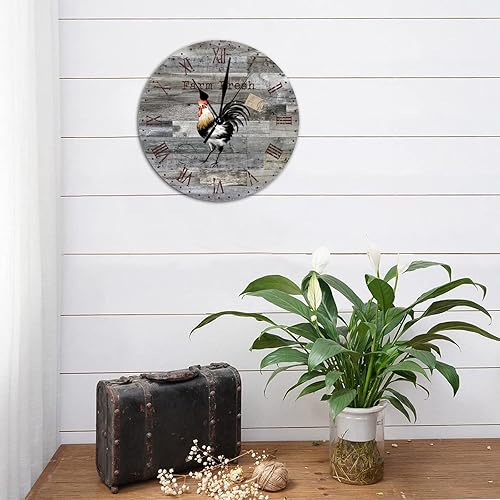 Miniatura 4 de Reloj de pared redondo de madera vintage rústico y elegante con números romanos de madera de gallo de gallo, silencioso, sin tictac, funciona con