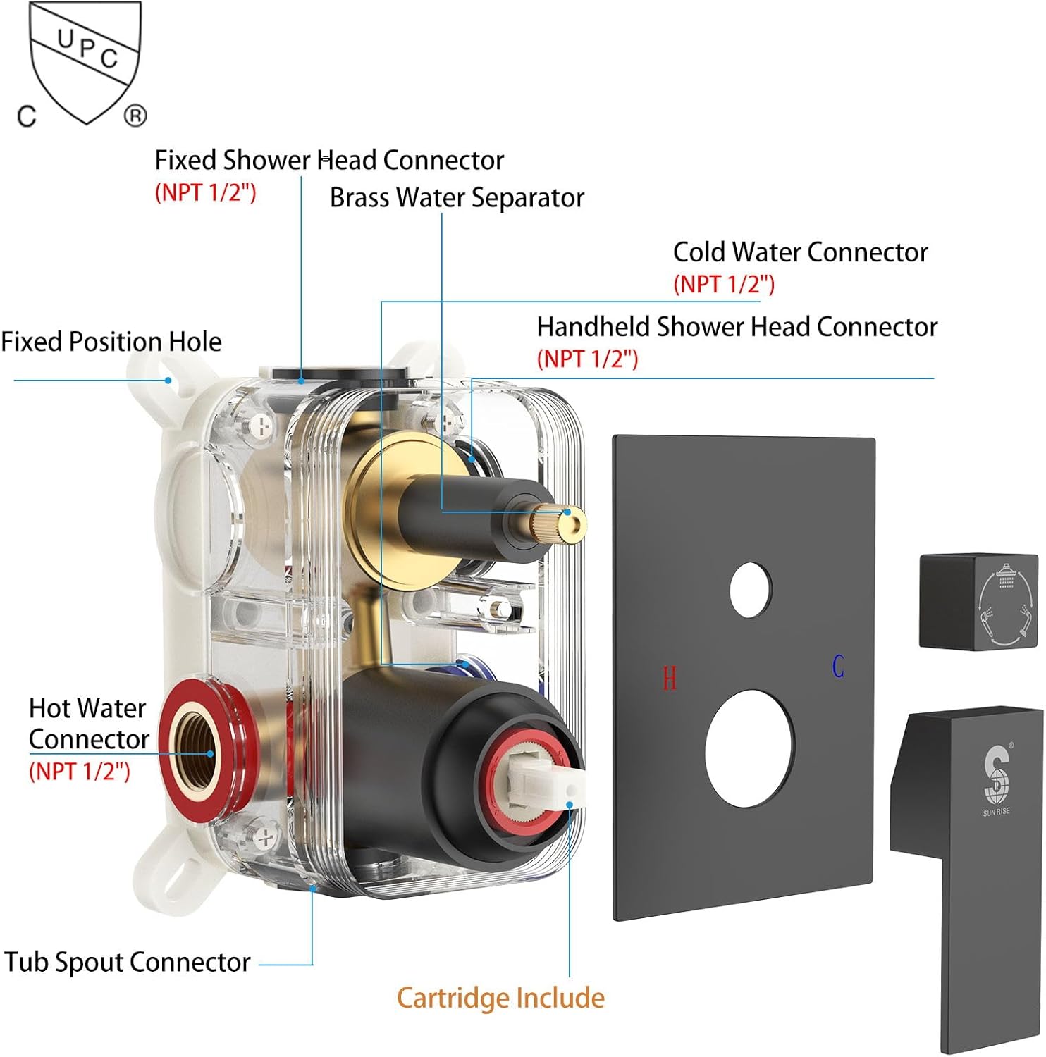 SR SUN RISE 12 Inches Bathtub Shower Faucet Set All Metal Shower System with Tub Spout 1.8GPM Square Shower Head and Handheld Sprayer Shower Fixtures, Modern Valve and Trim Kit, Matte Black