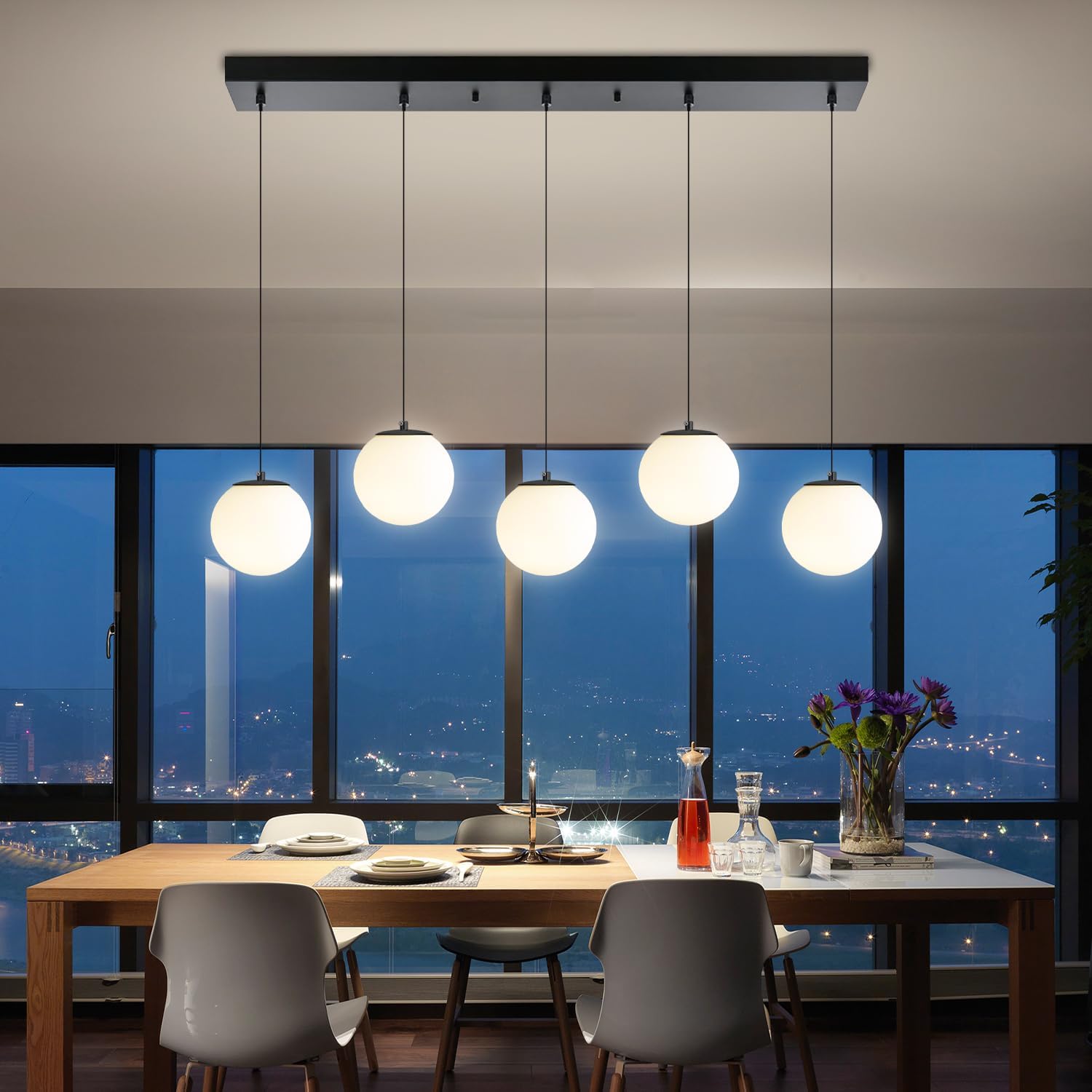 5-Lights Globe Pendant Light for Kitchen Island H 98" Black Rectangle Chandelier Milk White Glass Pendant Lighting for Living Room Bedroom Entryway