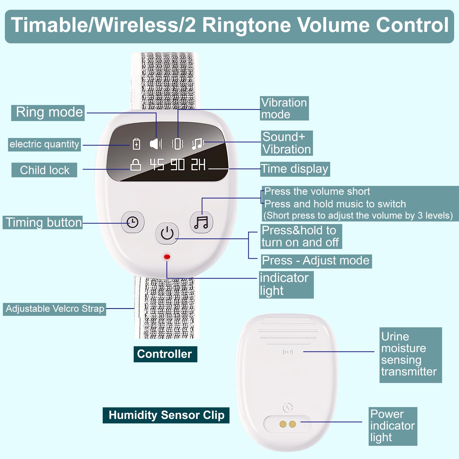 Allarme wireless per bambini con telecomando, 3 modalità di promemoria, 2 suonerie, ricarica USB, timer, allarme per vasino notturno (versione base)