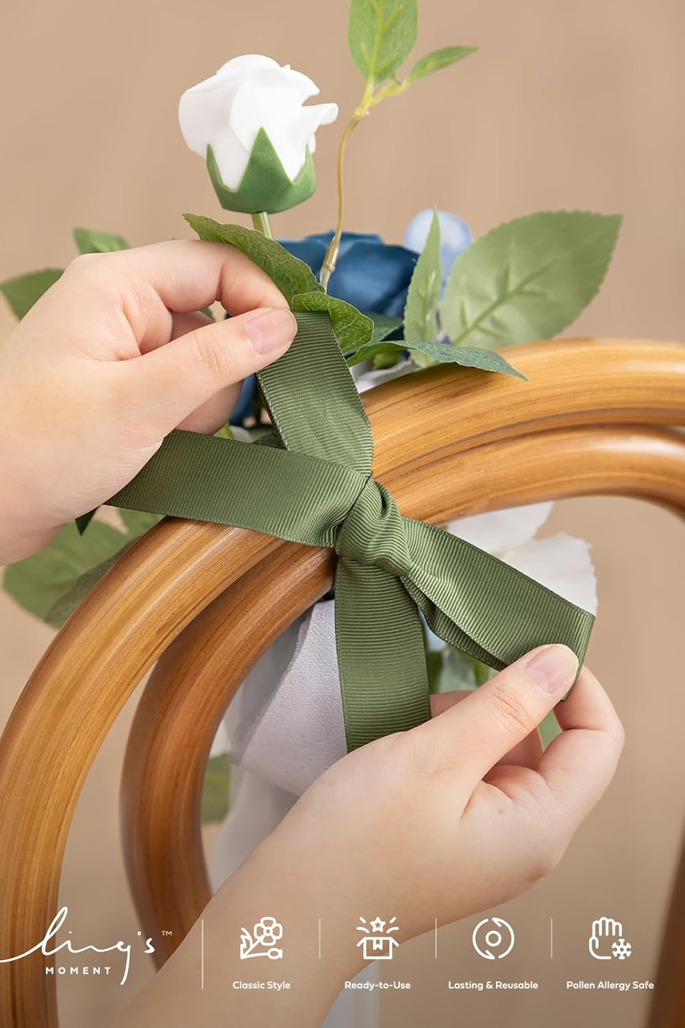 Ling's moment 2 Wedding Artificial Aisle Pew Flowers Chair Decorations Arrangements with Chiffon Ribbons Navy Blue for Ceremony Reception Chair Back Floral Decor Reception Church Party Outdoor