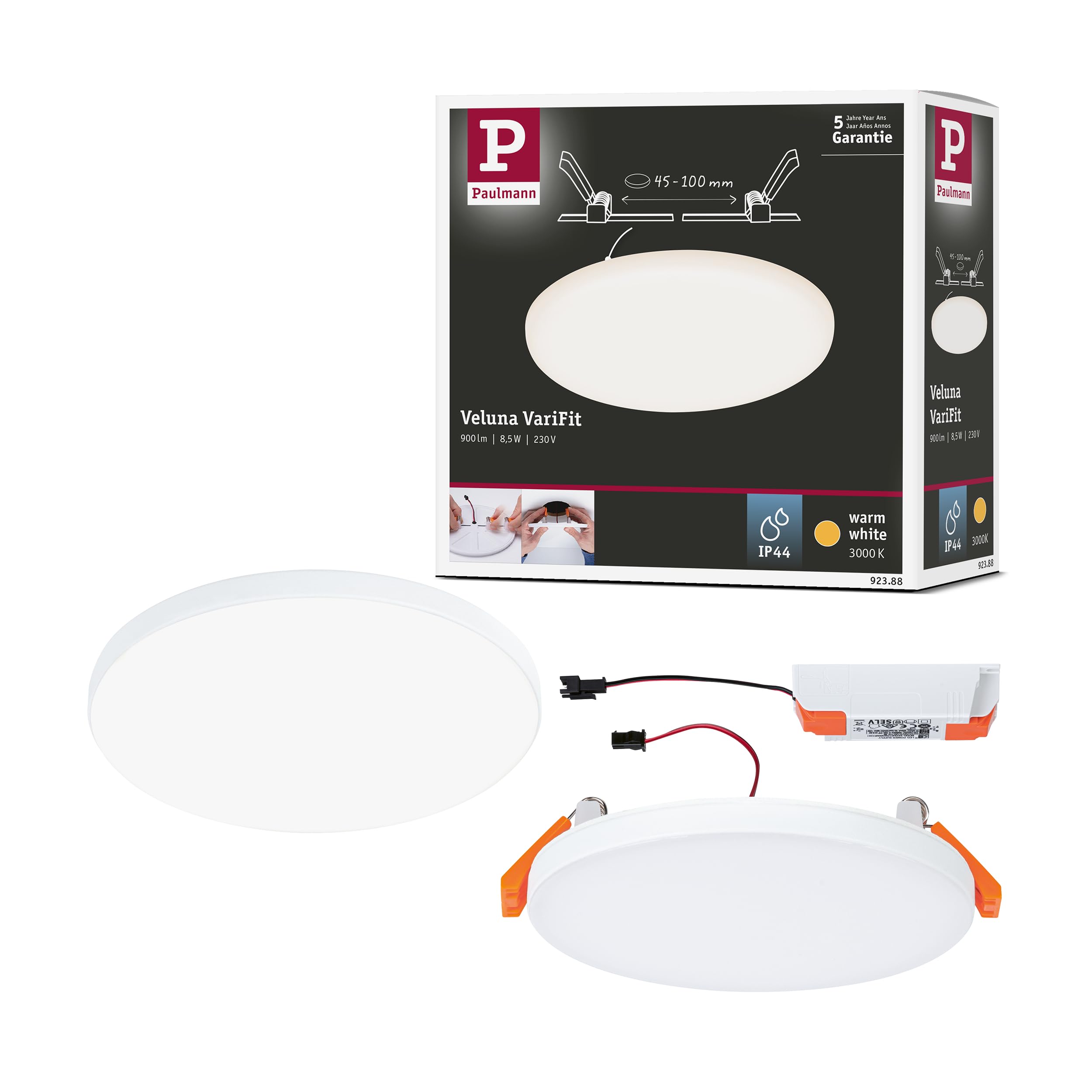 Paulmann 92388 LED Panel recessed luminaire Veluna VariFit IP44 Warm White 125mm Round incl. 1x8.5 watt Ceiling luminaire Satin Ceiling lamp Plastic Living Room lamp 3000 K