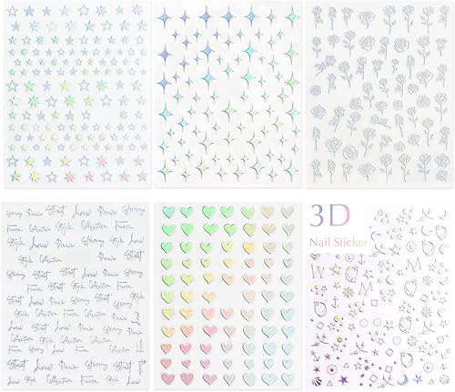 Miniatura 6 de Calcomanías de arte de uñas de estrellas, 6 hojas de lujo, suministros de arte de uñas, calcomanías autoadhesivas 3D, letras de corazón, flores,