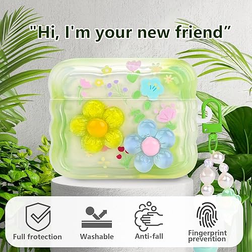 Miniatura 3 de Lindas fundas para AirPods Pro, cubierta de flores con forma de marco de onda rizada con colgante de cuentas de corazón para AirPods Pro