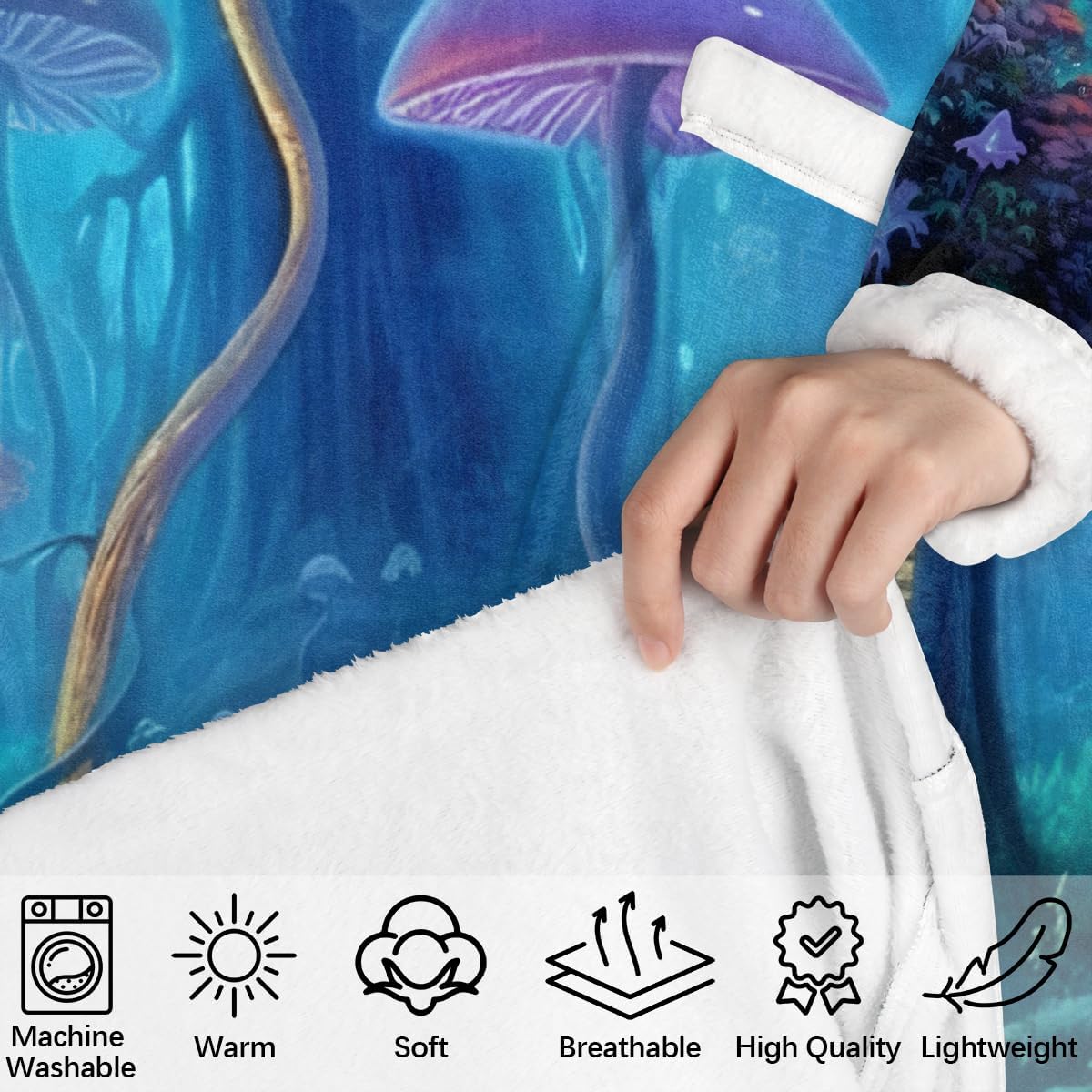 Phantom Mushrooms Wearable Blanket Hoodie for Adults Women Men, Trippy Plants Oversized Blanket Sweatshirt Warm Cozy Soft Hooded Blanket with Pocket