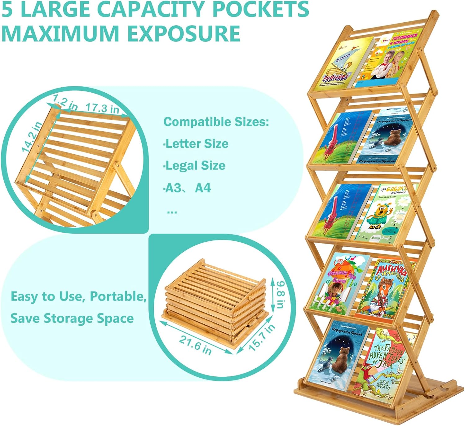 Choowin Large Foldable Magazine Rack Floor Stand Brochure Display Stand Literature Display Rack Holder Bamboo Wood Magazine Rack for Home Office Retail Display Exhibitions Portable 5 Pockets