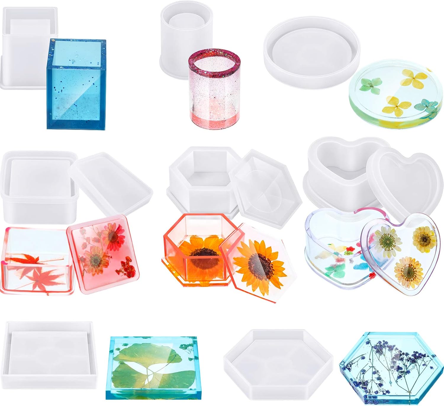 8 Pieces Silicone Resin Mold Set Heart, Hexagonal, Square, Round, Cylindrical, Rectangular Shape Box Mold, DIY Resin Crystal Jewelry Mold for Coaster Pen Holder Soap, Candle, Bowl Cushion Resin Mold