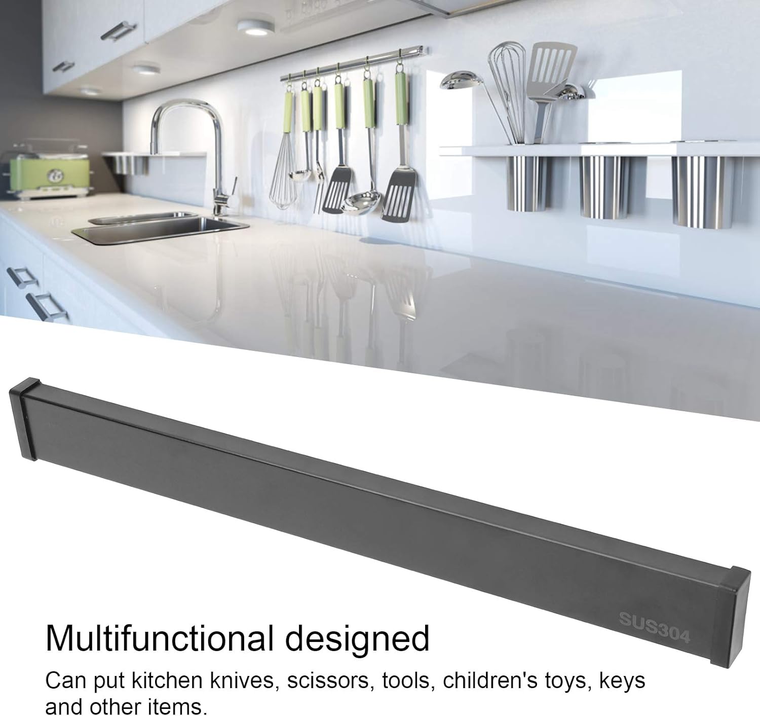 Stainless Steel Magnetic Knife Holder for Wall, Magnet Bar for Knives Tools Heavy Duty Metal Strip Kitchen Organizer Kitchen Utensil Holder No Drilling for Kitchen (Black)