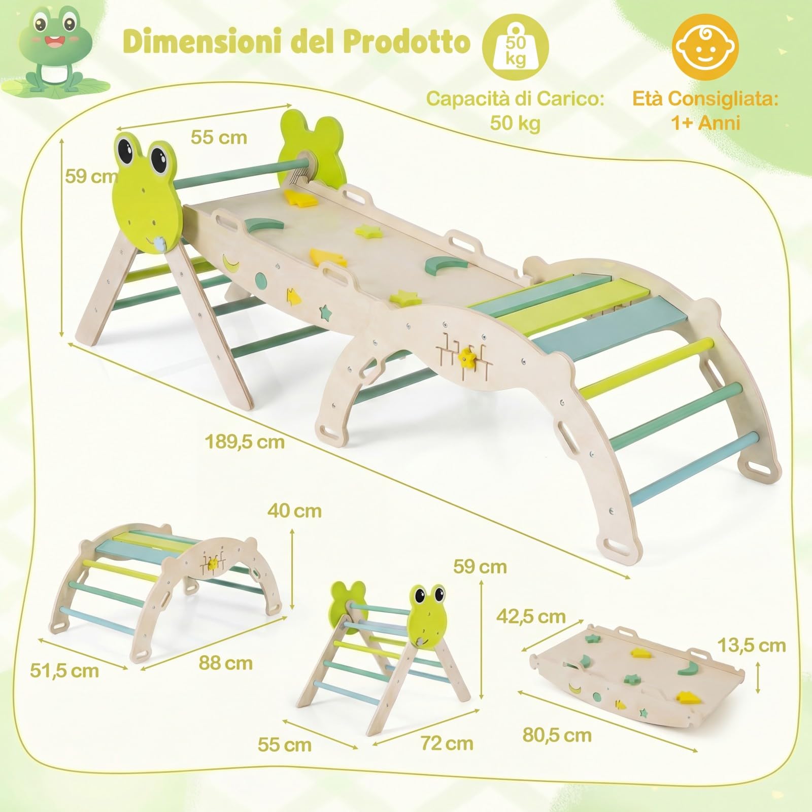 Relax4Life Triangolo di Arrampicata per Bambini con Scivolo e Arco, Gioco Montessori in Legno 1+ Anni, 3 Pezzi Verde