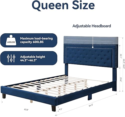Miniatura 2 de Morden Fort Base de cama tamaño Queen alta ajustable, cama tapizada de terciopelo moderna con cabecero, listones de madera, no necesita somier,