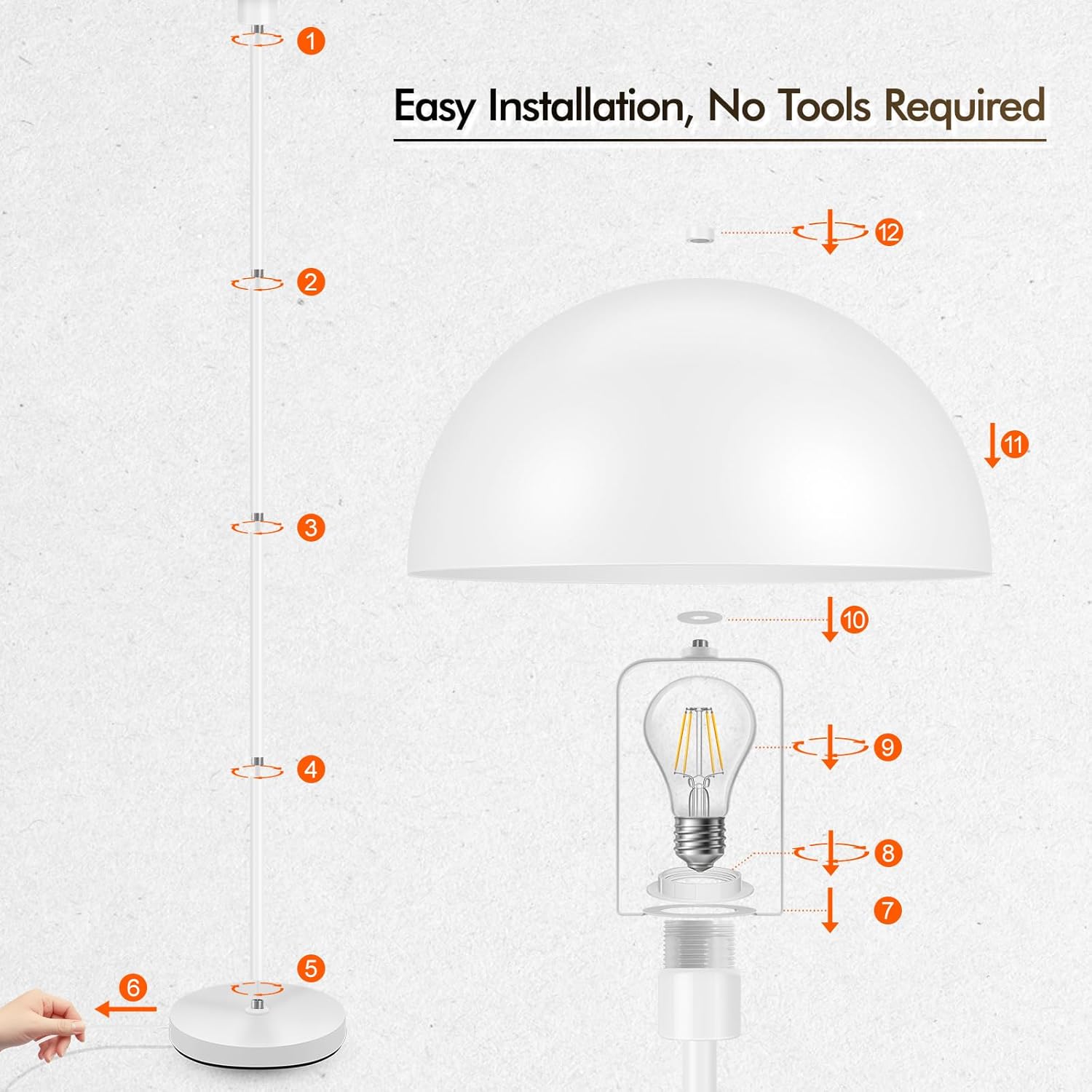Floor Lamp, Industrial White Floor Lamps for Living Room, 65.6in Standing Lamp, Retro Mushroom Dome Shade, Whole Metal, E26 Socket, Mid Century Modern Floor Lamp for Bedroom/Office,No Bulb