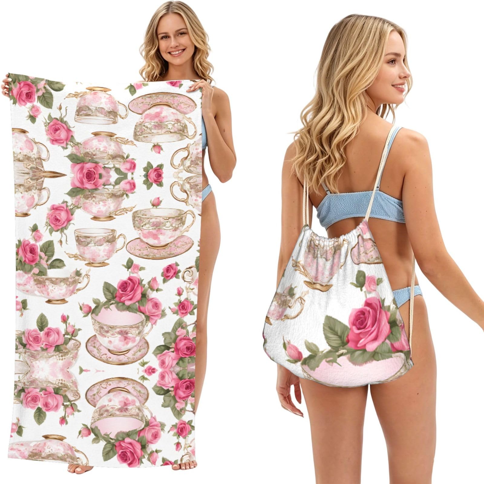 EZDLOWVBA Tea Cups With Roses Romantic Shabby Print Beach Towel Backpack 2 In 1 Summer Large Lightweight Beach Towel - Multifunctional Ship Pattern Towel Bag For Storage,Sport