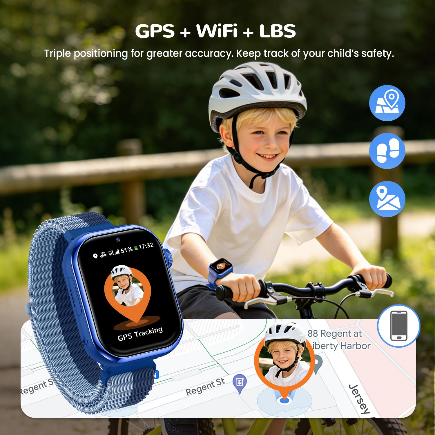 Smartwatch Kinder mit GPS und Telefon, SIM, Videoanrufe, SOS, Blau | Telefonanruf, Taschenlampe, Sprachchat, Schulmodu, Schlafmonitor, SMS, IP68, Wecker, Schrittzähler, Kinderuhr, Mädchen Jungen