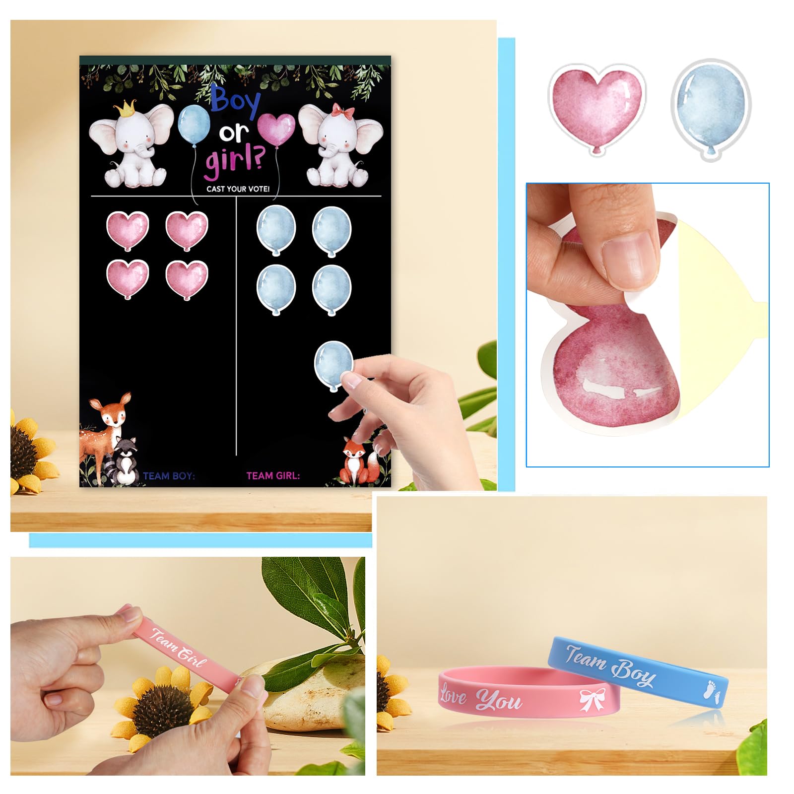 Set 77 Pezzi Gender Reveal Party - Poster, Adesivi E Braccialetti Per Feste - Foto 6