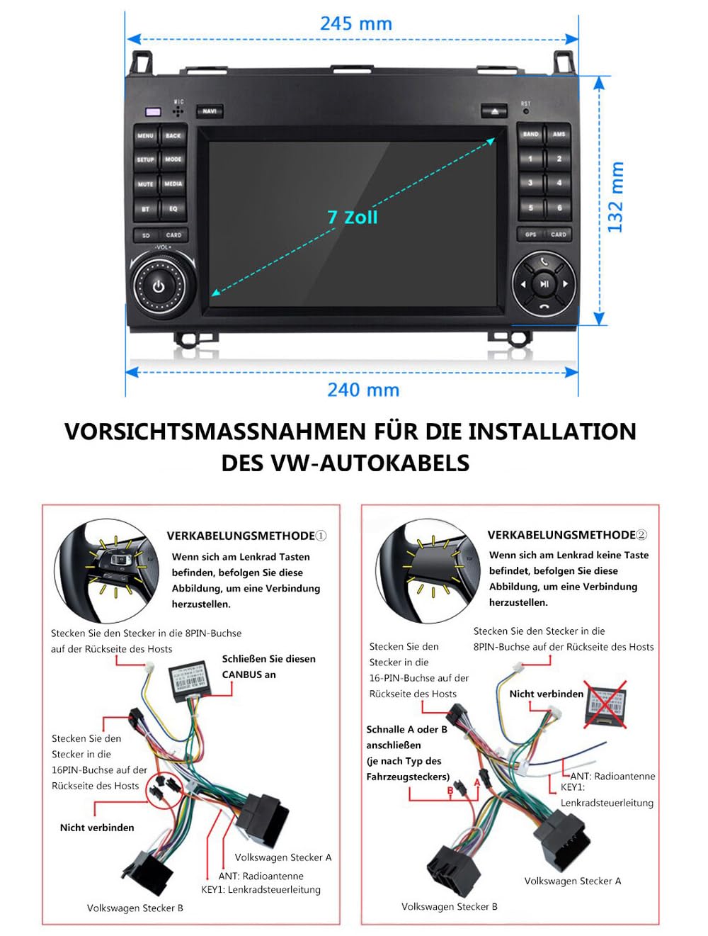 7" Android Auto Radio GPS Navigator Carplay Replacement for Mercedes-Benz V-Klasse W447 V200 V220 V250 V260 Vito Kasten Evito Tourer W447 mit USB WiFi GPS FM DVR RDS DAB+Auto Rückfahrkamera