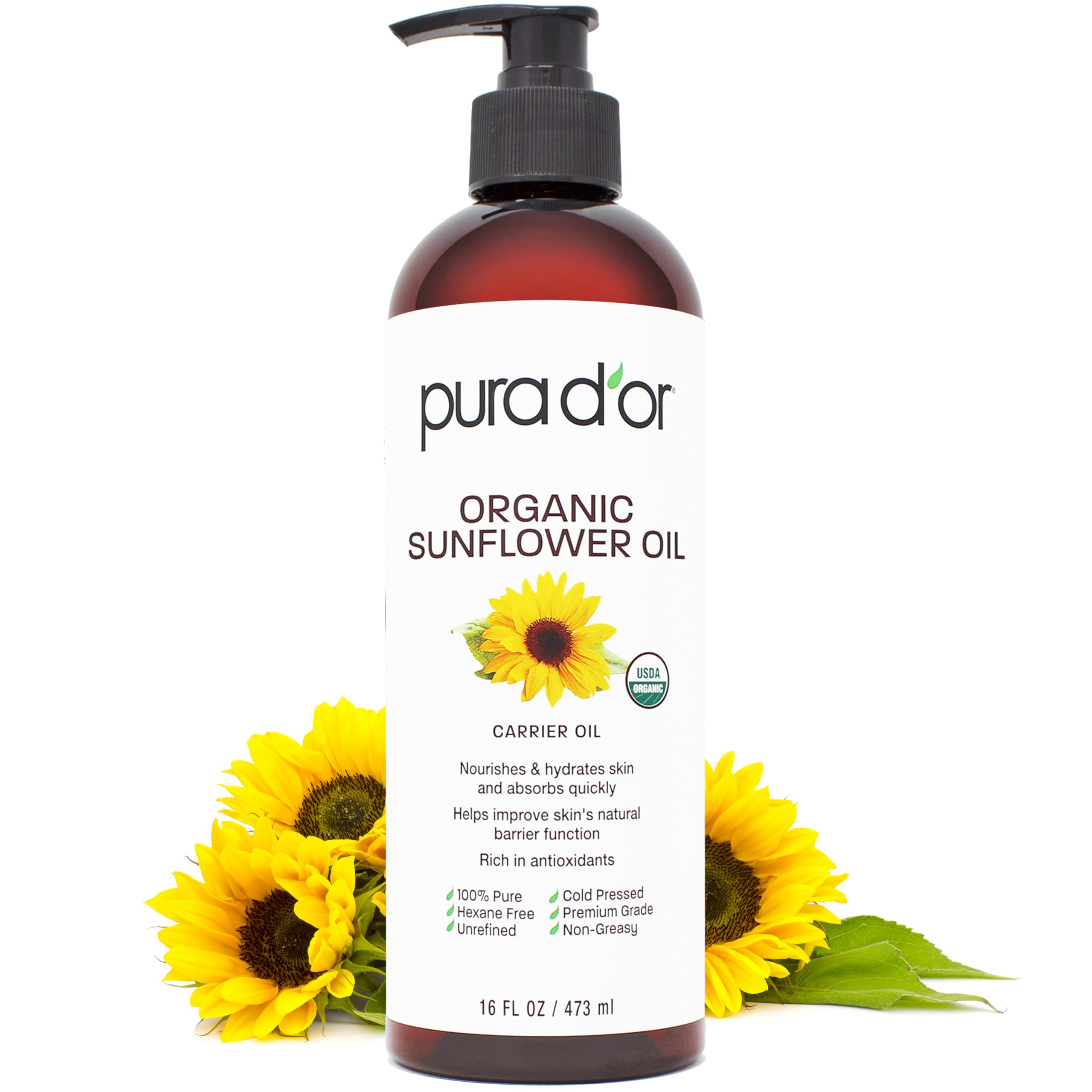 PURA D'OR 16 Oz ORGANIC Sunflower Seed Oil - 100% Pure & Natural USDA Certified Cold Pressed Carrier Oil For DIY Beauty - Unscented, Hexane Free Liquid Moisturizer - Face Skin & Hair - Men & WomenUSDA Organic