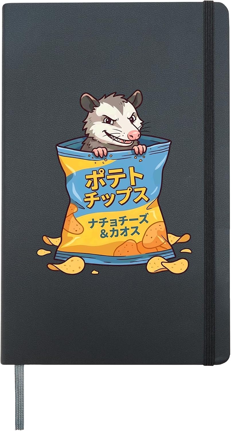 opossum peeking from chip bag anime funny Hardcover Journal, Black