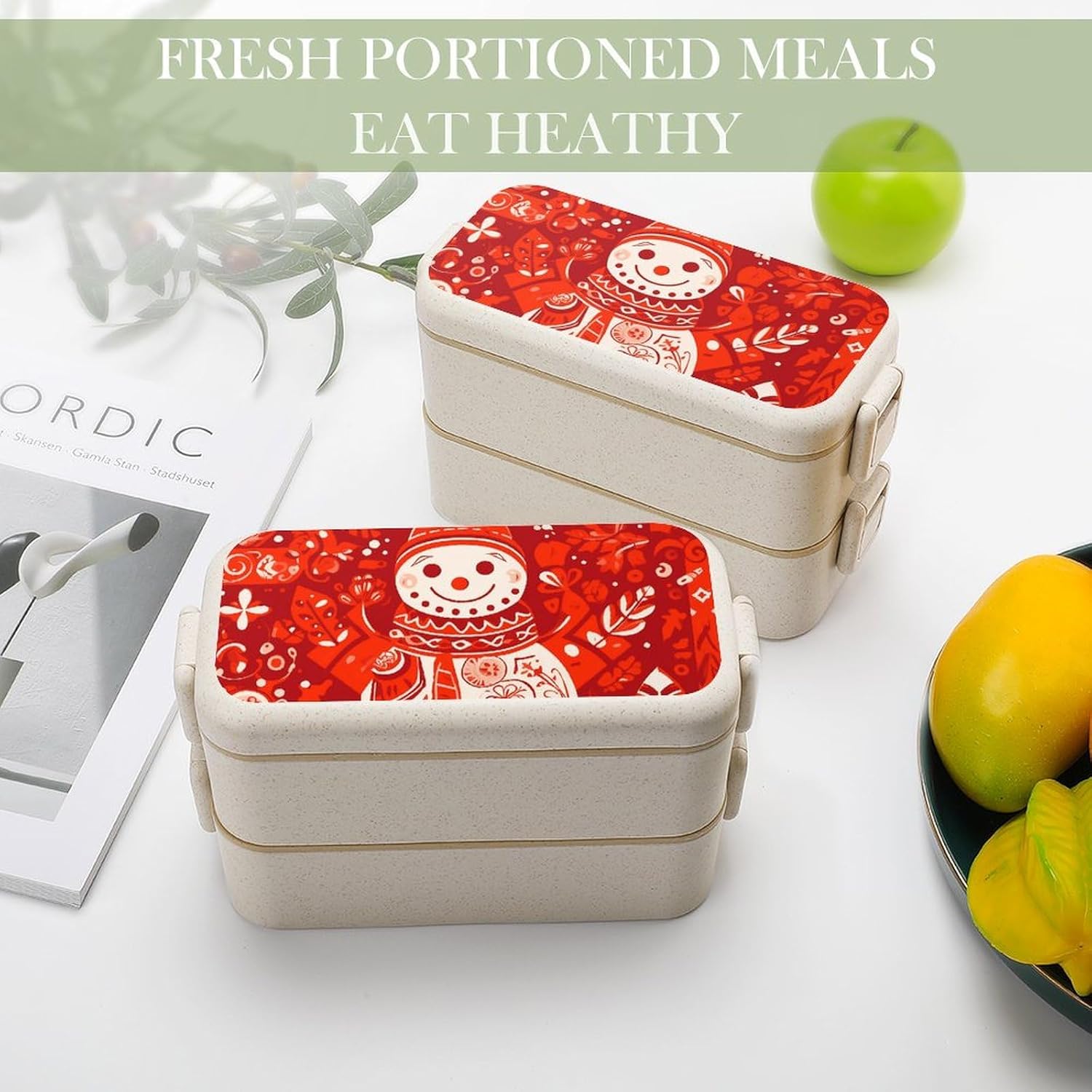 Lunch Box Bento Premium Snowman Window Grilles Printed Bento Box Bento with Spoon And Fork with Compartment Containers Suitable for Men And Women, style