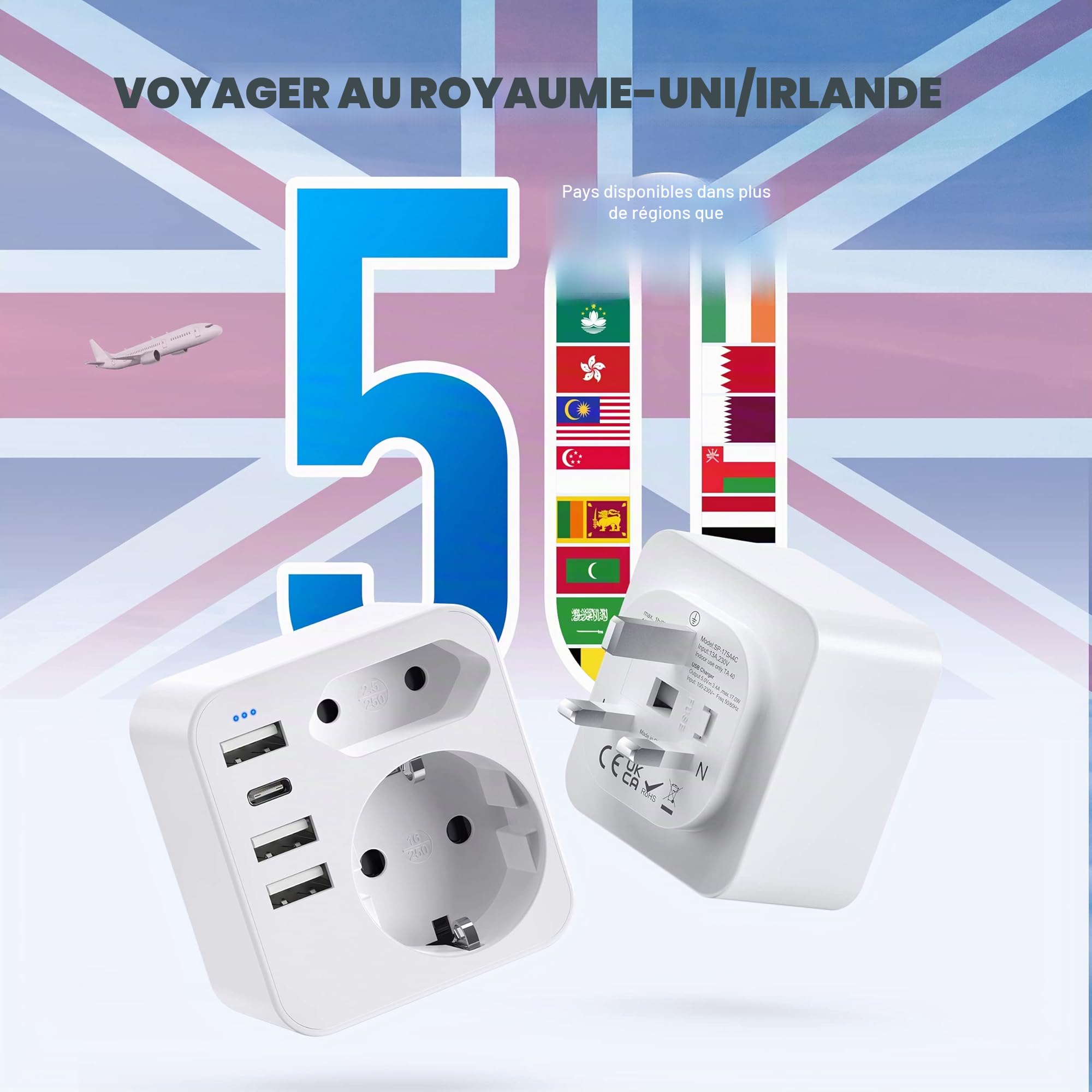 6 en 1 Prise Anglaise avec 3 Ports USB et 1 Type C (3,4A) et 2 Prises,Adaptateur Type G France vers UK pour Angleterre,Irlande, Écosse,Dubai