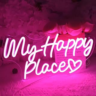 SYLHOME My Happy Place Led Neon Light Sign Bedroom Kids Room Wedding Birthday Party Christmas Wall Sign decor Girl Game Room Decor USB 15.75" X 7.9" Dimmer Pink