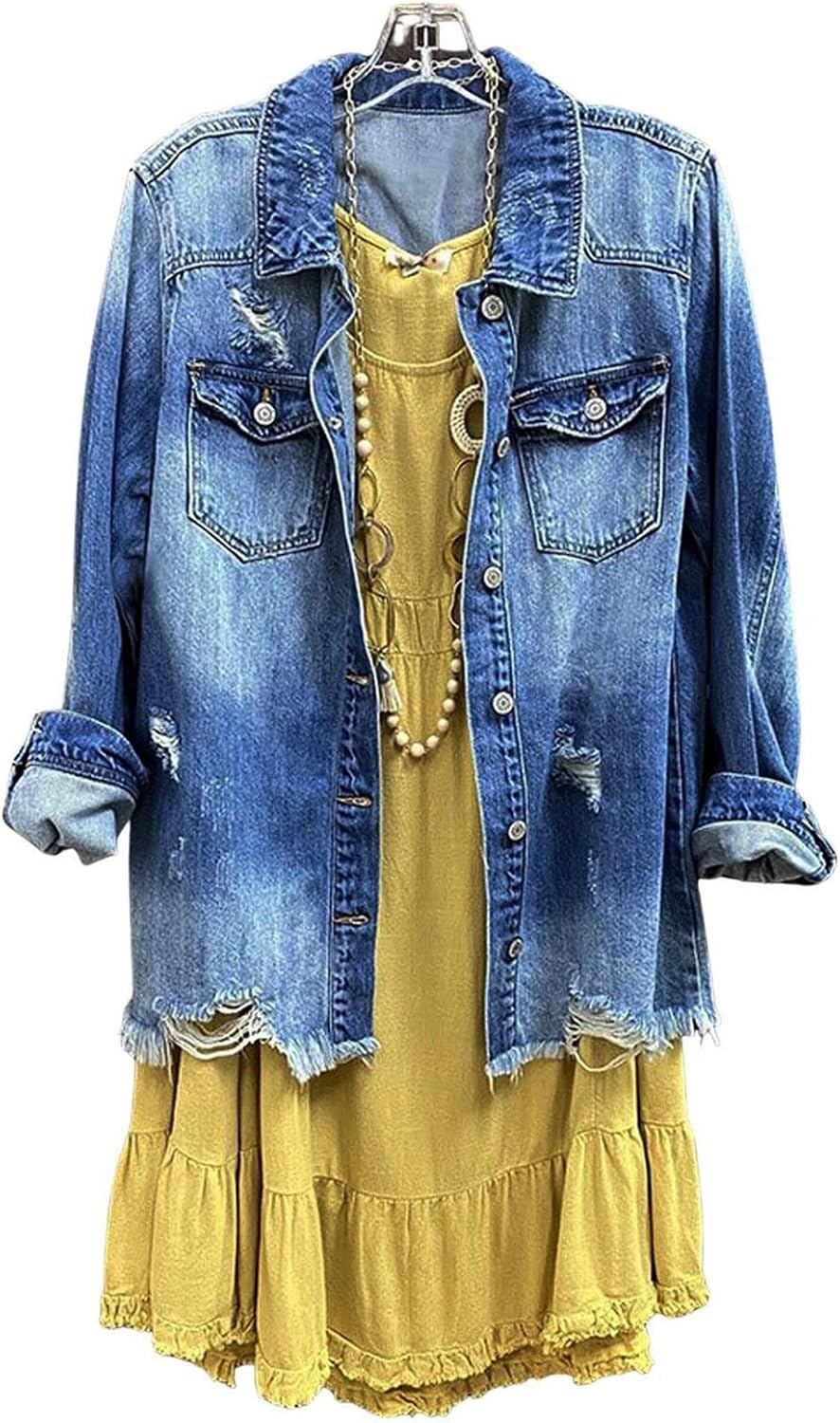 CYLADY Womens Denim Ripped Distressed Button Down Mid Long Casual Jean Jackets