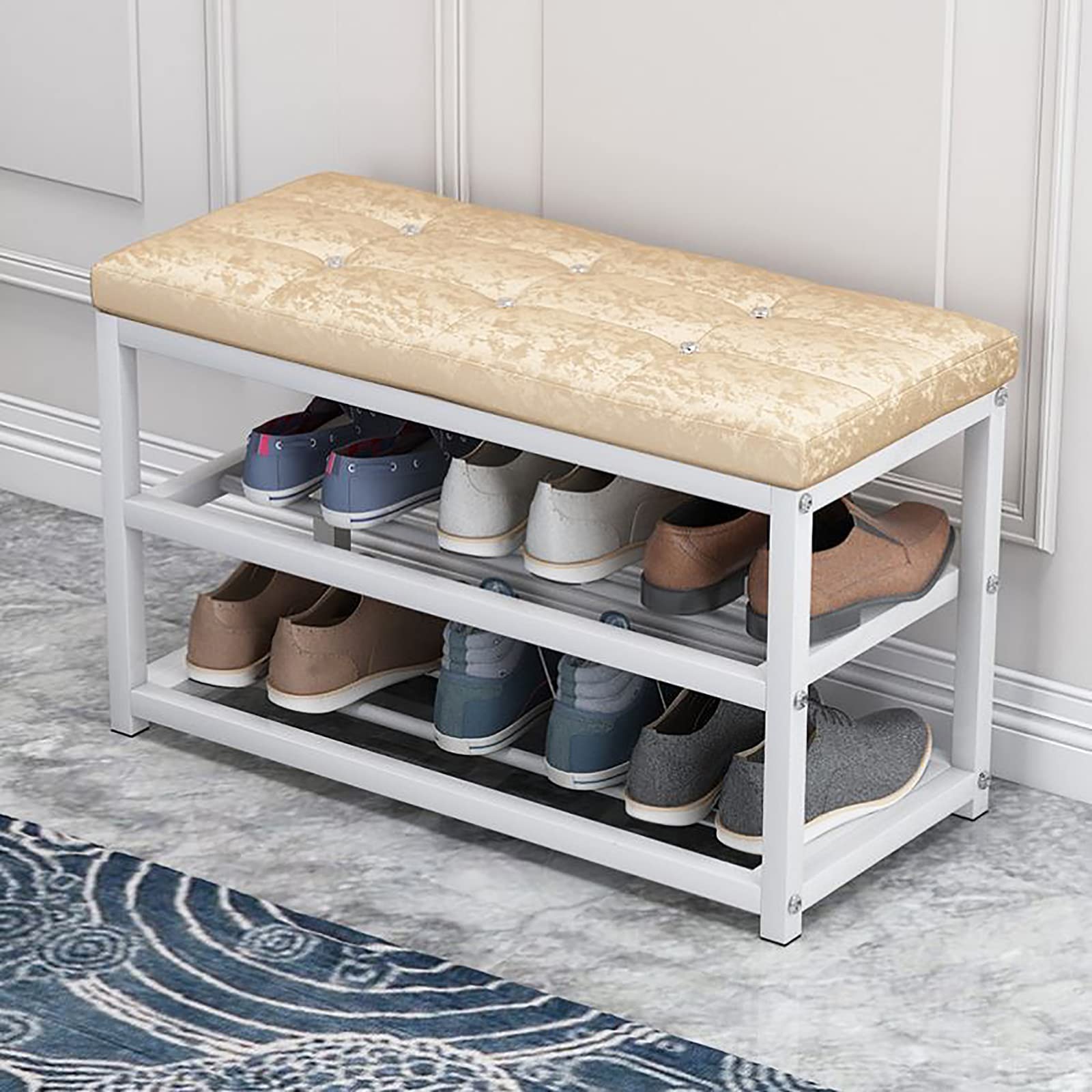 GDMDPTE Entryway Shoe Rack Bench with Cushion Seat, Metal Shelf Storage nizer, Velvet Hallway Shoe Changing Stool, 70x45x30cm (28x18x12in) - Stylish & Functional Shoe Storage Sol