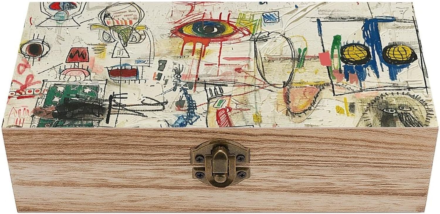 Wooden Storage Box Cartoon Abstract Style Wood Gift Box with Hinged Lid Vintage Decorative Jewelry Boxes Memory Box for Jewelry Art Hobbies Home Storage Treasure Keepsake Gift 7.9''x3.9''x2.3''
