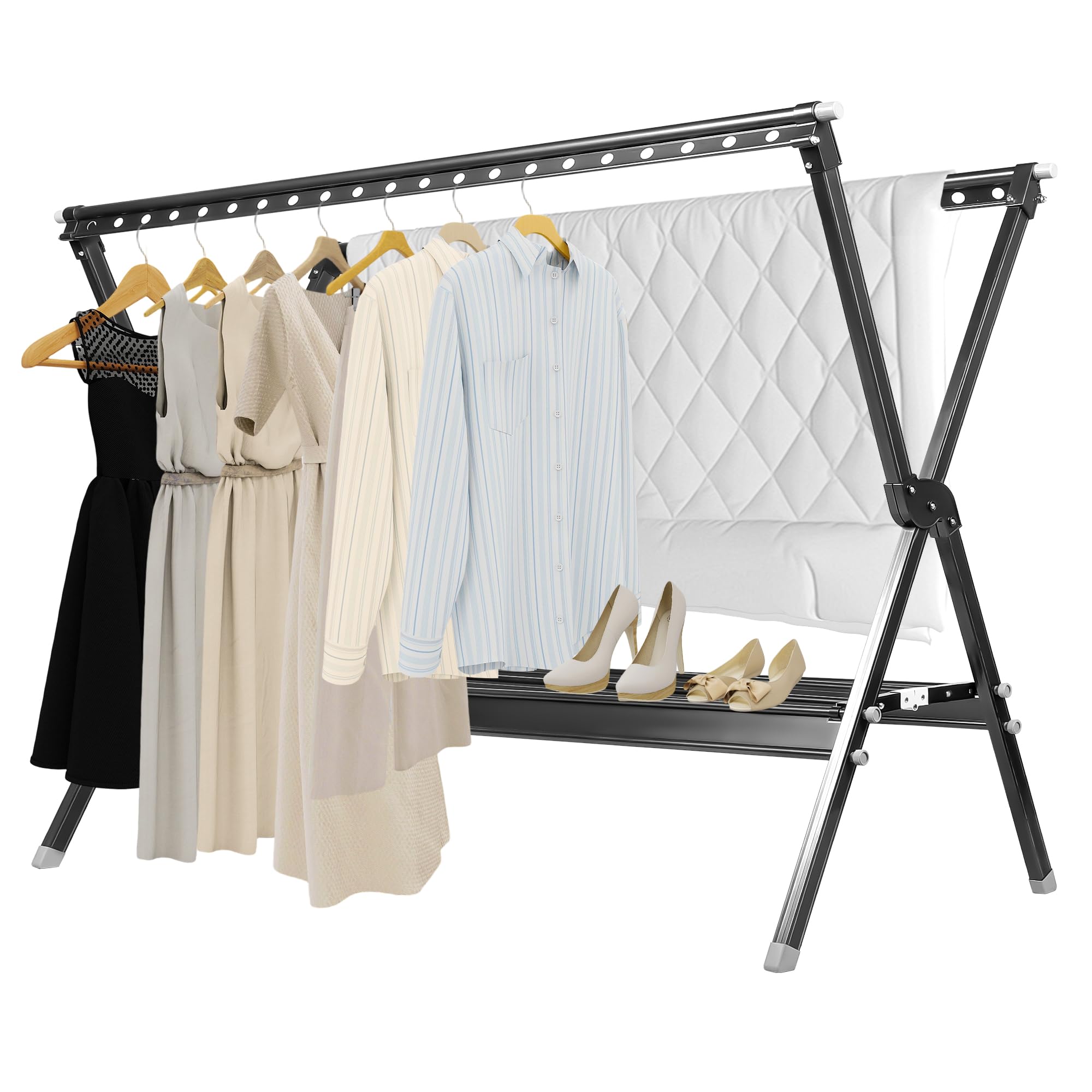 135-230 cm Wäscheständer, Wäscheständer Ausziehbar, einstellbar Länge, Faltbarer Kleiderständer, Indoor Outdoor, Schuhe und Kleidung, Heavy Duty Kleiderständer, mit winddichtem Haken