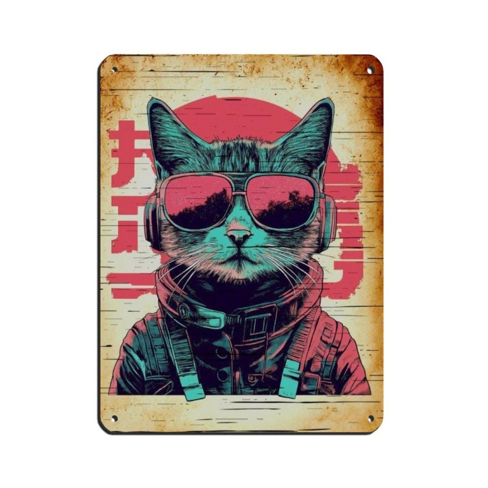 Lxwnze 30L X 40W Cm Retro Cat With Sunglasses Poster, Tin Sign Vintage Metal Pub Club Cafe Bar Home Wall Art Decoration Poster Retro 12X16inch(30X40cm)