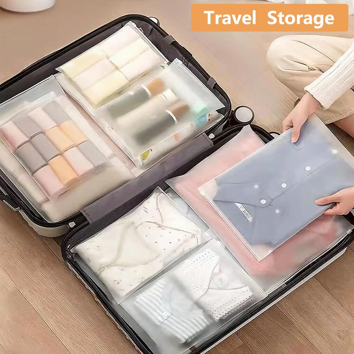Travel Storage Bags, 3 Sizes Travel Bags Organizer, Plastic Storage Bag Resealable Frosted Zipper for Clothes, Towel, Toiletries