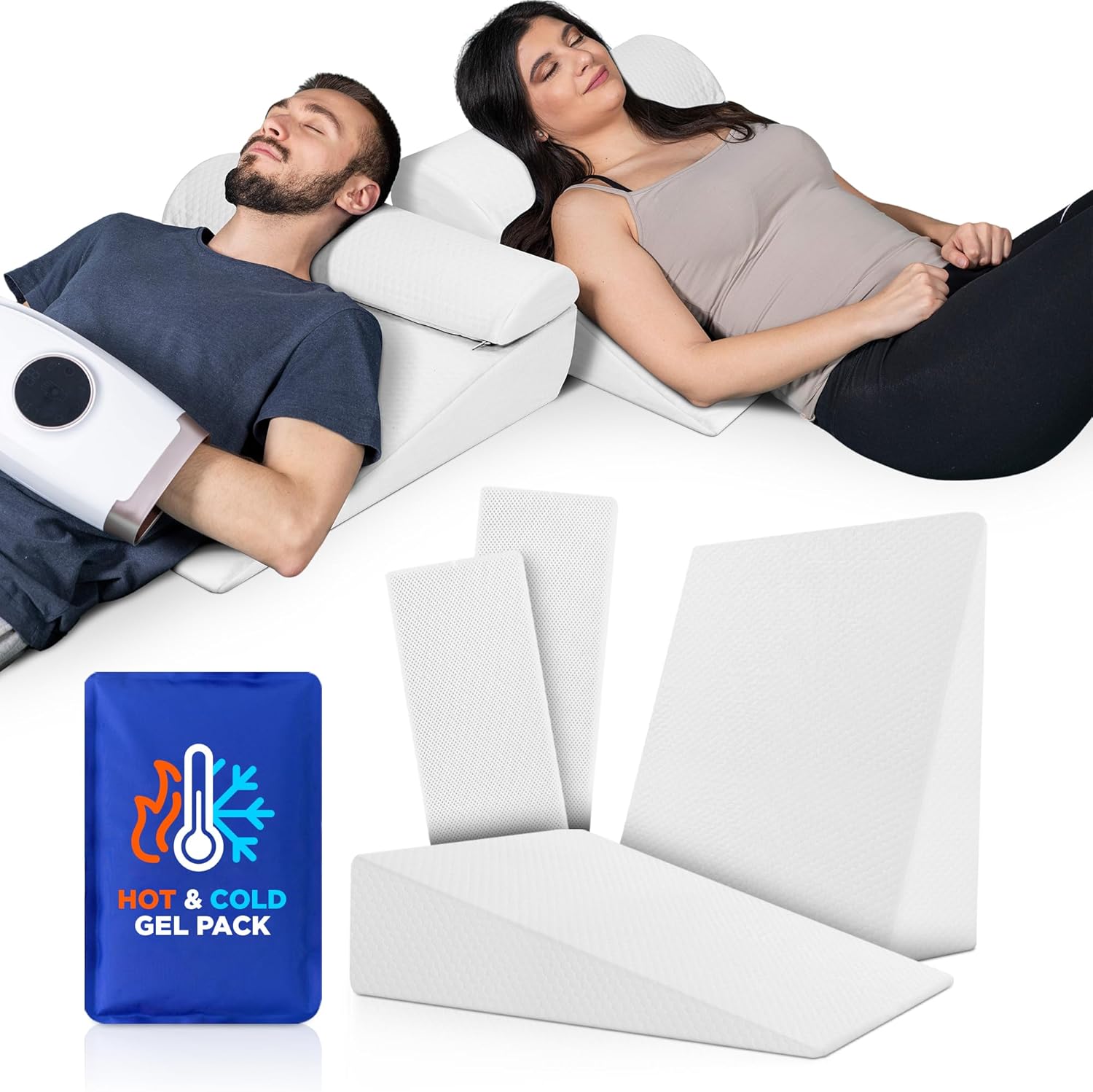 Lunix LX8 FSA 4-Piece Support for Nighttime Digestive Discomfort & Easier Breathing, Adjustable Height Orthopedic Bed Wedge Pillow Set, Memory Foam, Washable Cover, Pebble White