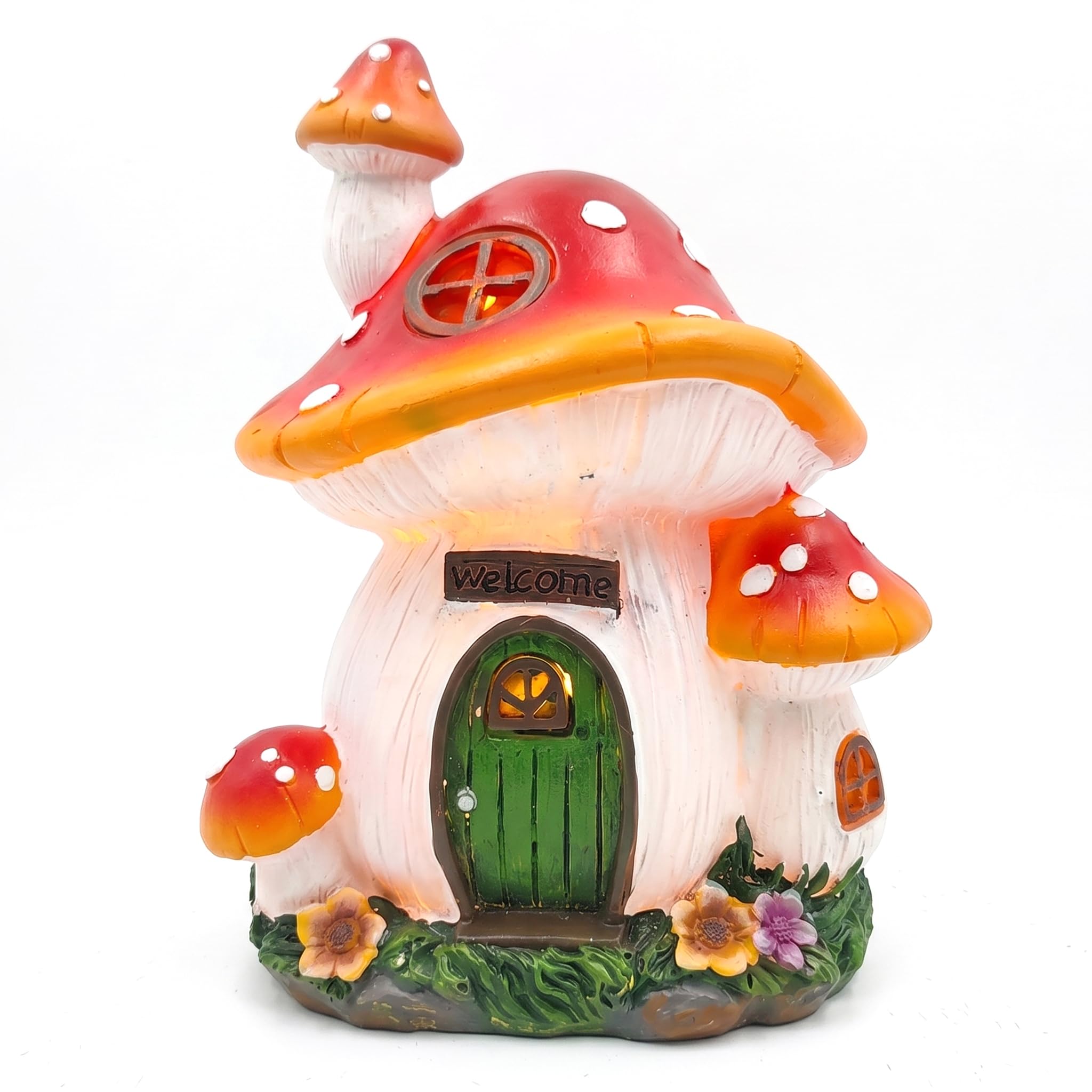 Striegro Solar Fairy House, Cute Solar Garden Decor Light-Up Resin Mushroom Statue with Door for Garden/Yard/Lawn/Pathway/Outside (9 Inch)..