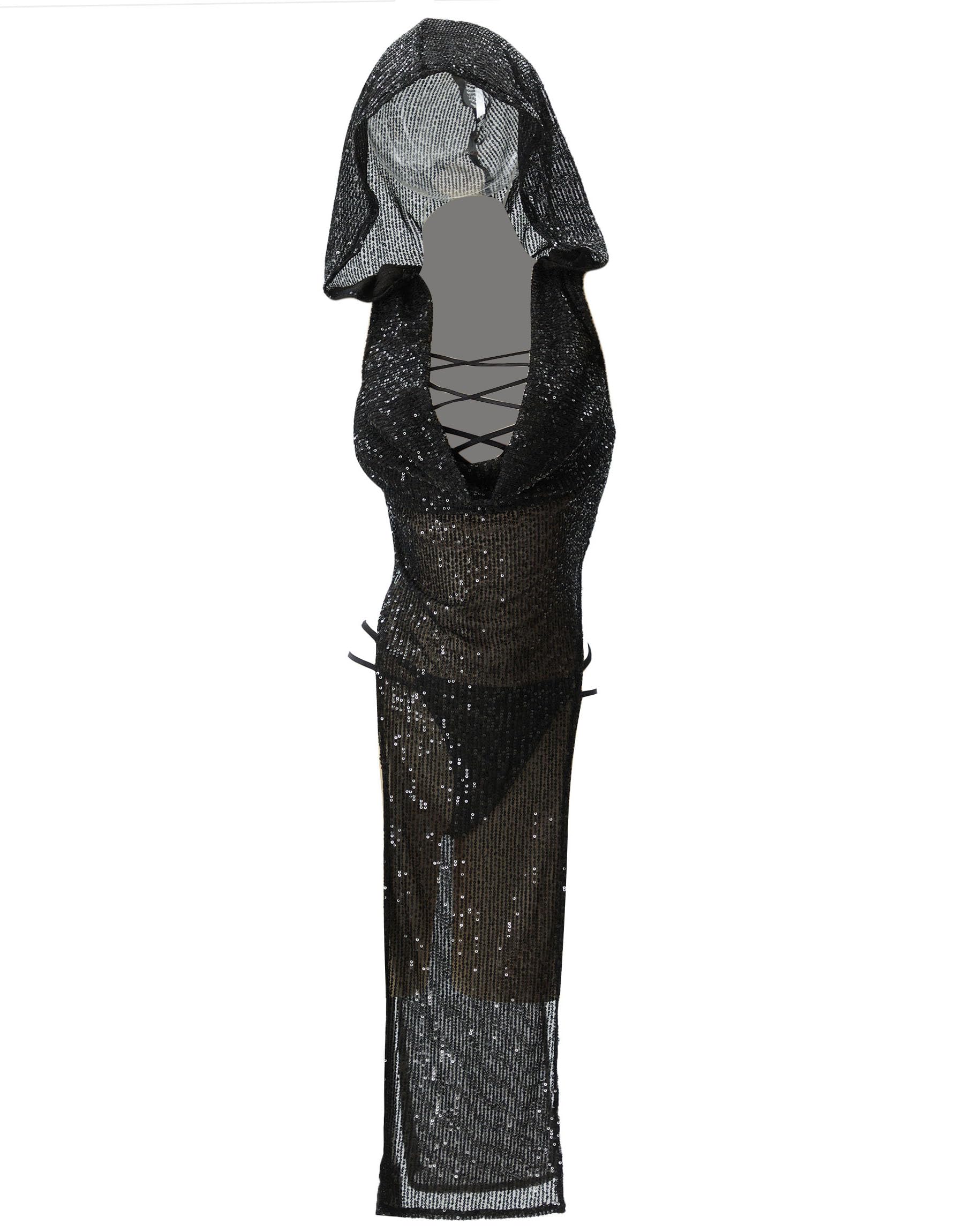 MEOWCOS Women's Bodycon Dress Gothic Translucent Sequins Front Lace-up Dress Set with Arm Sleeves